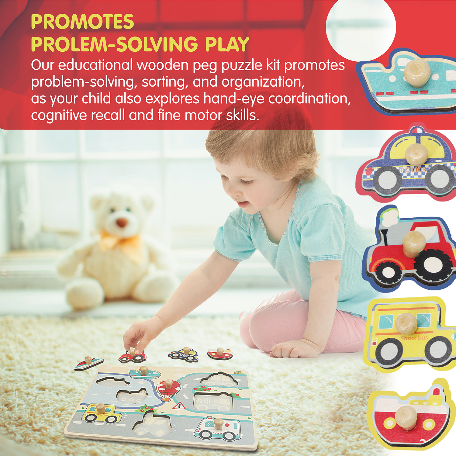 Leo & Friends Vehicle Peg Puzzle for 24-Months+ | Unisex Toddler Puzzle, Comes with 10-Pieces, Features Planes, Boats, Cars, Buses & More | Perfect Educational Gift, Made with 100% Premium Non-Toxic Wood
