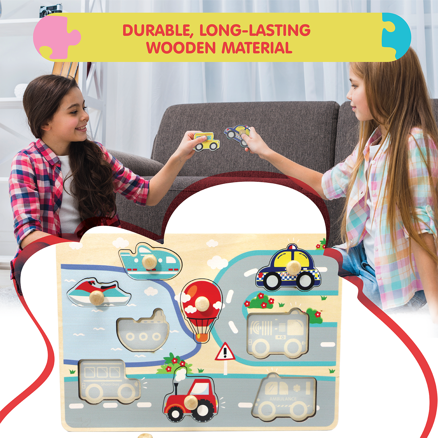 Leo & Friends Vehicle Peg Puzzle for 24-Months+ | Unisex Toddler Puzzle, Comes with 10-Pieces, Features Planes, Boats, Cars, Buses & More | Perfect Educational Gift, Made with 100% Premium Non-Toxic Wood