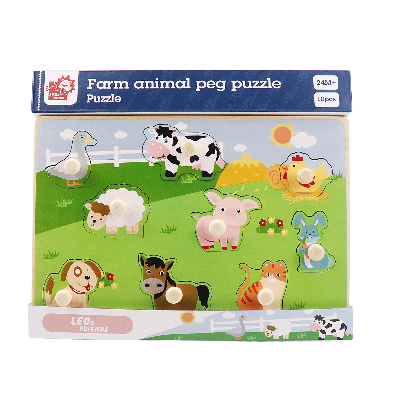 Leo & Friends Farm Animal Peg Puzzle for 24-Months+ | Unisex Toddler Puzzle, Comes with 10-Pieces, Features Cows, Chickens, Ducks, Horses, & More | Perfect Educational Gift, Made with Non-Toxic Wood