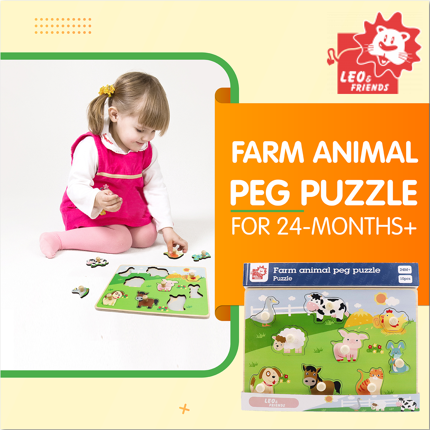 Leo & Friends Farm Animal Peg Puzzle for 24-Months+ | Unisex Toddler Puzzle, Comes with 10-Pieces, Features Cows, Chickens, Ducks, Horses, & More | Perfect Educational Gift, Made with Non-Toxic Wood