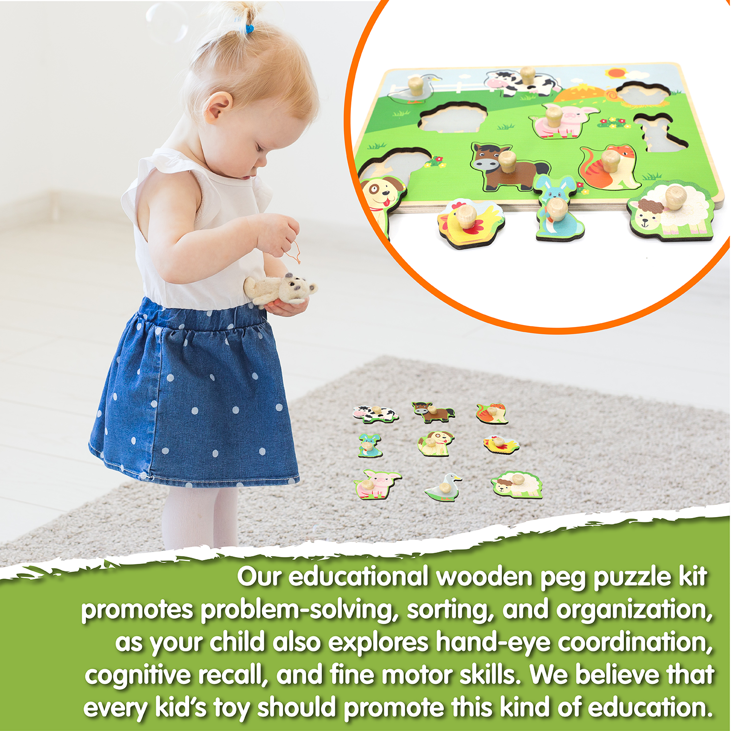 Leo & Friends Farm Animal Peg Puzzle for 24-Months+ | Unisex Toddler Puzzle, Comes with 10-Pieces, Features Cows, Chickens, Ducks, Horses, & More | Perfect Educational Gift, Made with Non-Toxic Wood