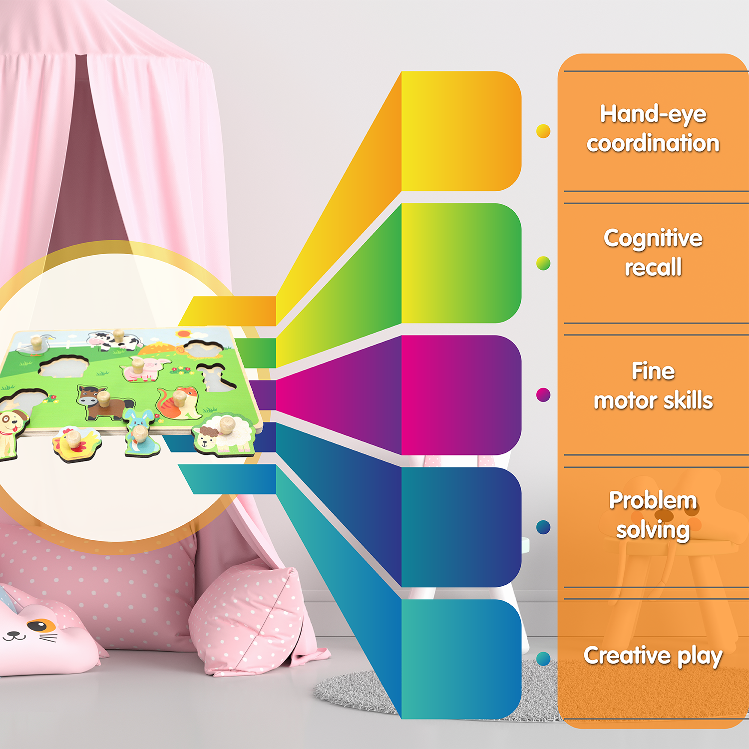 Leo & Friends Farm Animal Peg Puzzle for 24-Months+ | Unisex Toddler Puzzle, Comes with 10-Pieces, Features Cows, Chickens, Ducks, Horses, & More | Perfect Educational Gift, Made with Non-Toxic Wood