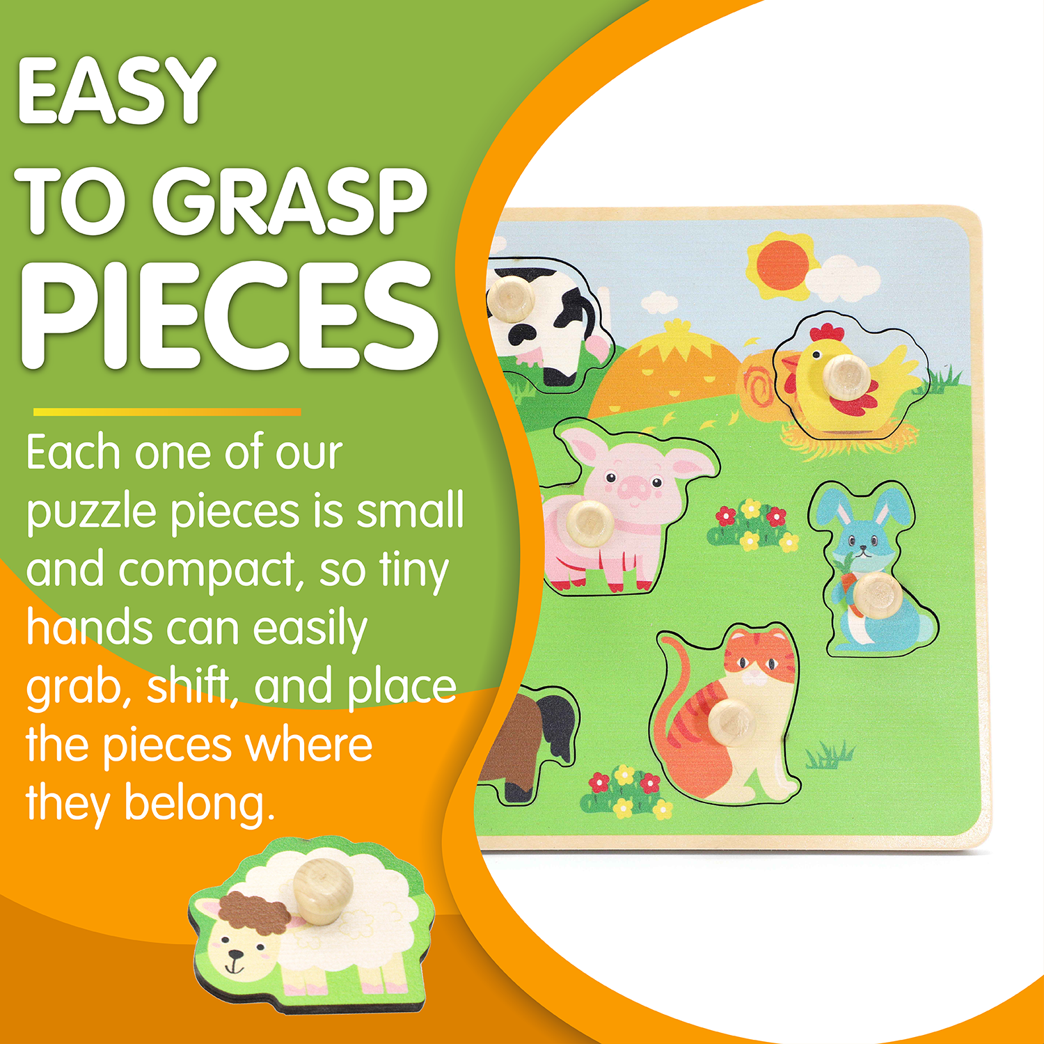 Leo & Friends Farm Animal Peg Puzzle for 24-Months+ | Unisex Toddler Puzzle, Comes with 10-Pieces, Features Cows, Chickens, Ducks, Horses, & More | Perfect Educational Gift, Made with Non-Toxic Wood