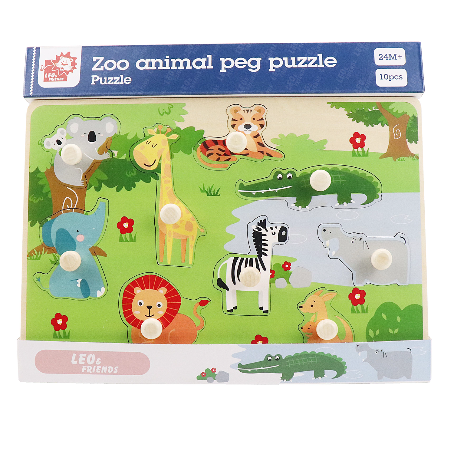 Leo & Friends Zoo Animal Peg Puzzle for 24-Months+ | Unisex Toddler Zoo Puzzle, Comes with 10-Pieces, Features, Zebra, Lion, Elephant, Tiger, Crocodile, & More | Perfect Educational Gift, Made with 100% Premium Non-Toxic Wood