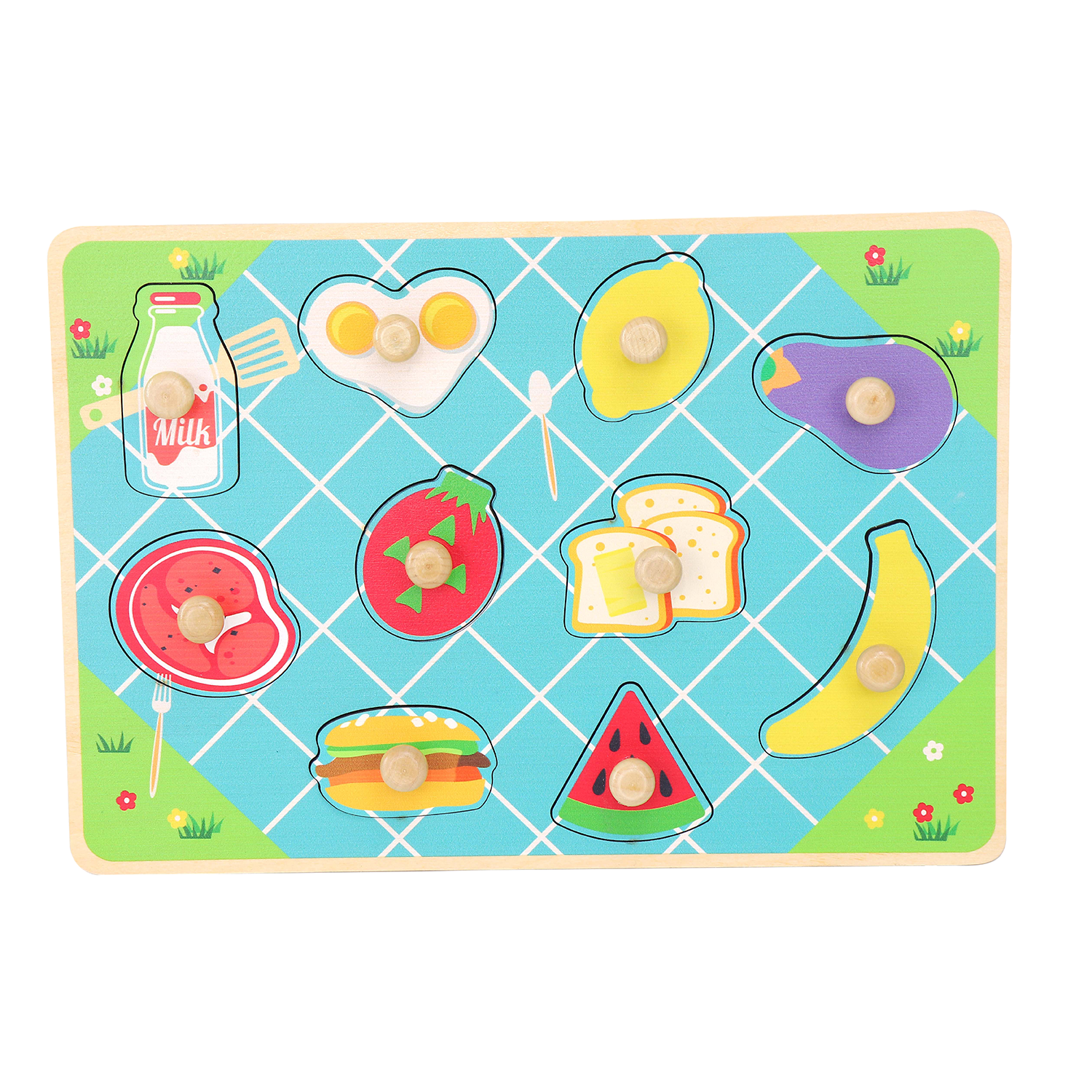 Leo & Friends Food Peg Puzzle for 24-Months+ | Unisex Toddler Puzzle, Comes with 10-Pieces, Features Eggs, Milk, Fruit, & Veggies | Perfect Educational Gift, Made with Non-Toxic Wood