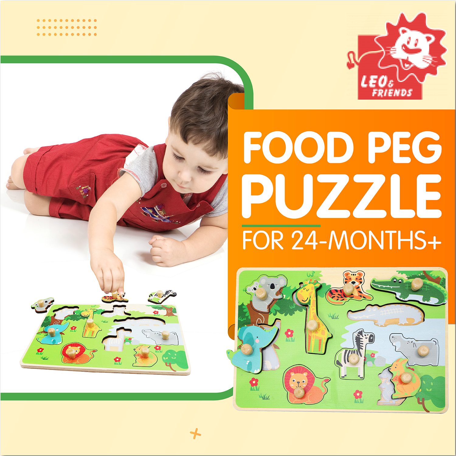 Leo & Friends Zoo Animal Peg Puzzle for 24-Months+ | Unisex Toddler Zoo Puzzle, Comes with 10-Pieces, Features, Zebra, Lion, Elephant, Tiger, Crocodile, & More | Perfect Educational Gift, Made with 100% Premium Non-Toxic Wood