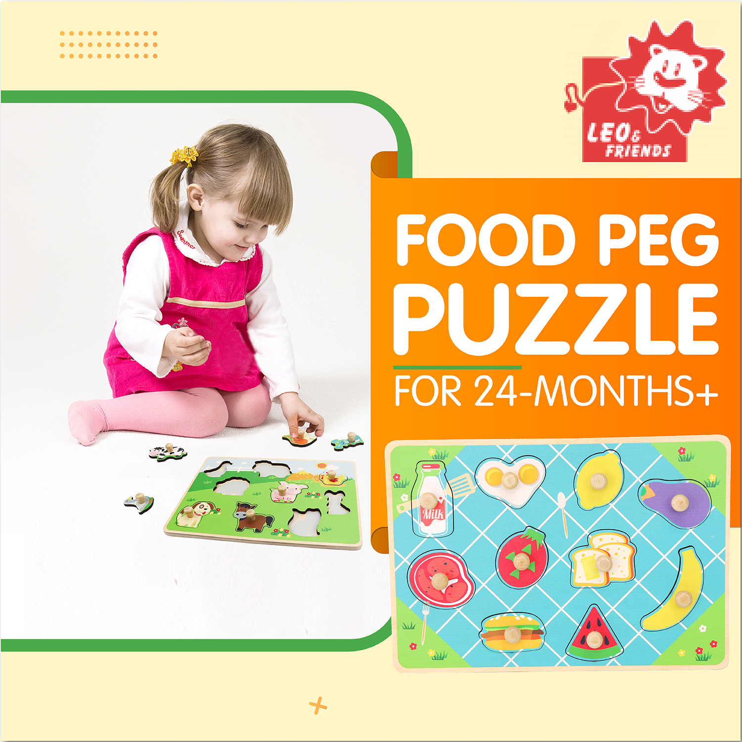 Leo & Friends Food Peg Puzzle for 24-Months+ | Unisex Toddler Puzzle, Comes with 10-Pieces, Features Eggs, Milk, Fruit, & Veggies | Perfect Educational Gift, Made with Non-Toxic Wood