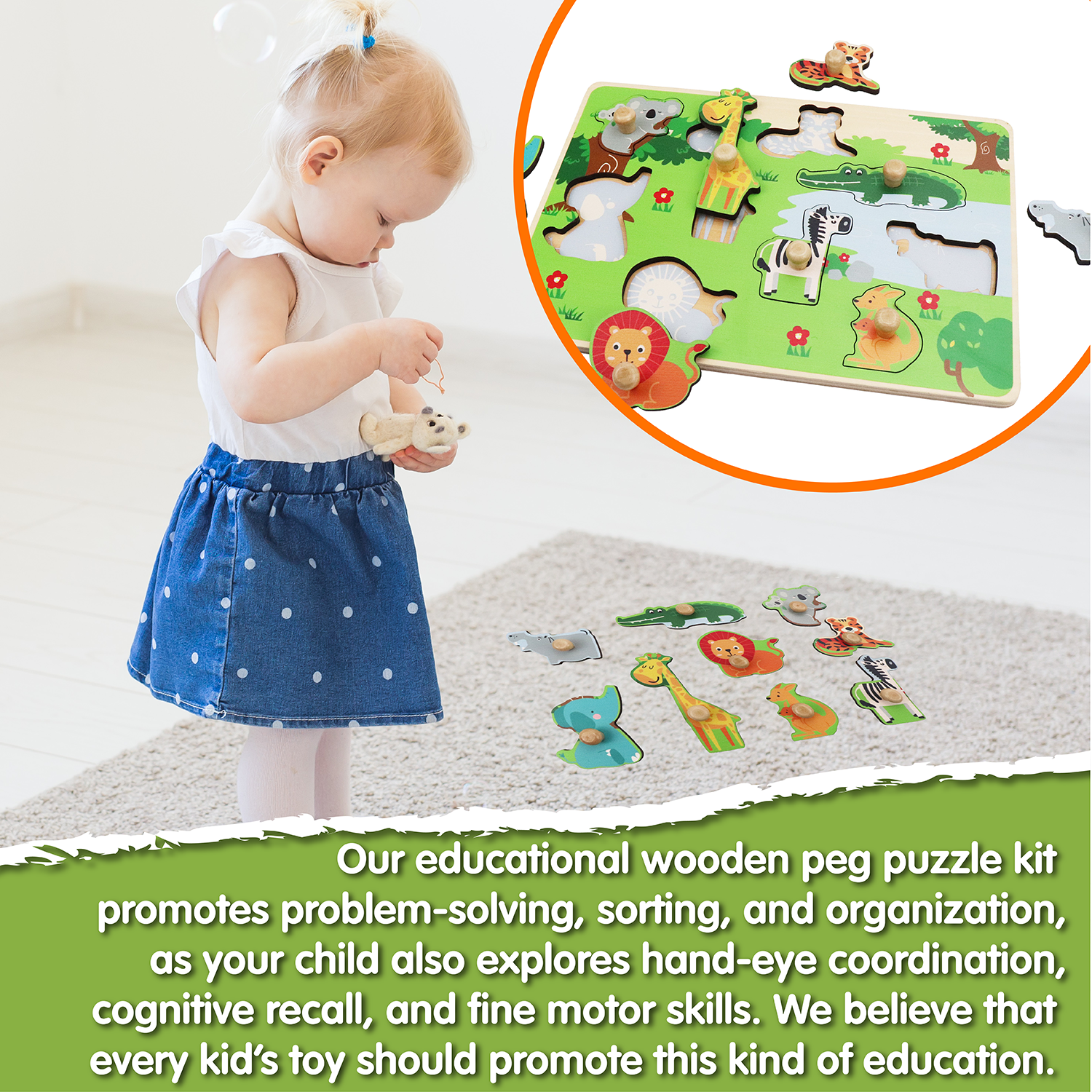 Leo & Friends Zoo Animal Peg Puzzle for 24-Months+ | Unisex Toddler Zoo Puzzle, Comes with 10-Pieces, Features, Zebra, Lion, Elephant, Tiger, Crocodile, & More | Perfect Educational Gift, Made with 100% Premium Non-Toxic Wood