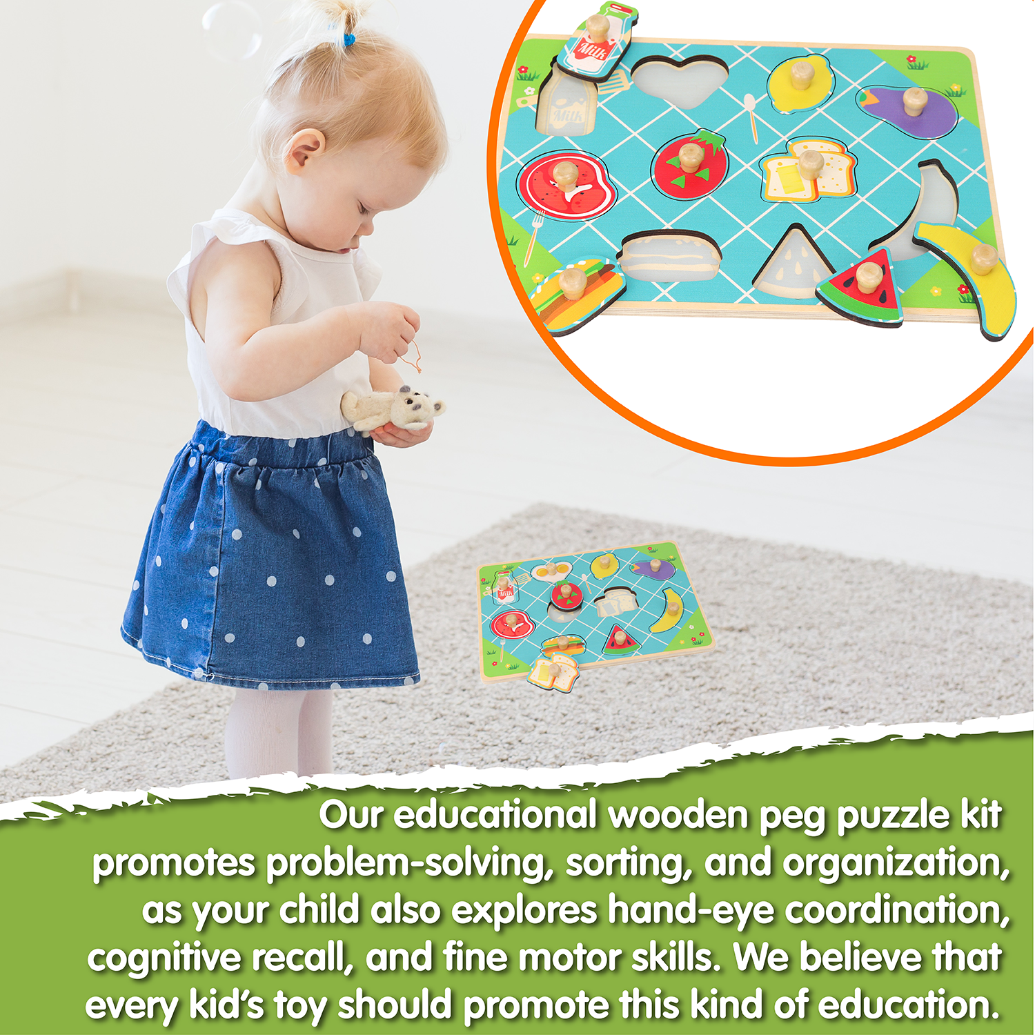 Leo & Friends Food Peg Puzzle for 24-Months+ | Unisex Toddler Puzzle, Comes with 10-Pieces, Features Eggs, Milk, Fruit, & Veggies | Perfect Educational Gift, Made with Non-Toxic Wood