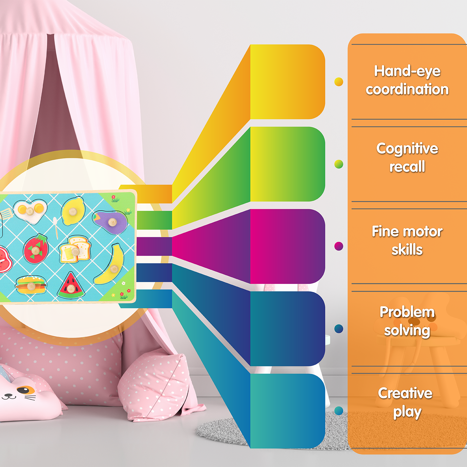 Leo & Friends Food Peg Puzzle for 24-Months+ | Unisex Toddler Puzzle, Comes with 10-Pieces, Features Eggs, Milk, Fruit, & Veggies | Perfect Educational Gift, Made with Non-Toxic Wood