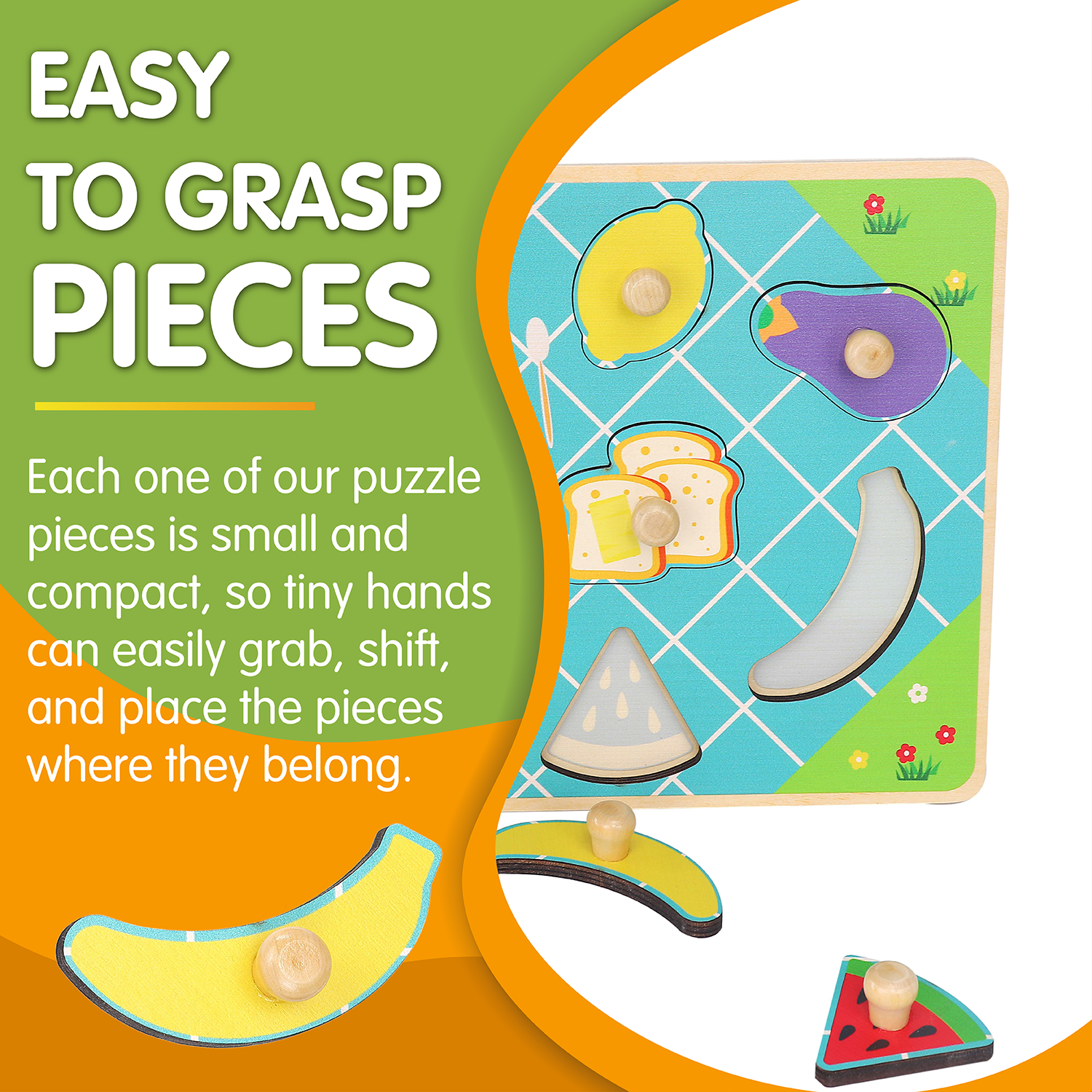 Leo & Friends Food Peg Puzzle for 24-Months+ | Unisex Toddler Puzzle, Comes with 10-Pieces, Features Eggs, Milk, Fruit, & Veggies | Perfect Educational Gift, Made with Non-Toxic Wood