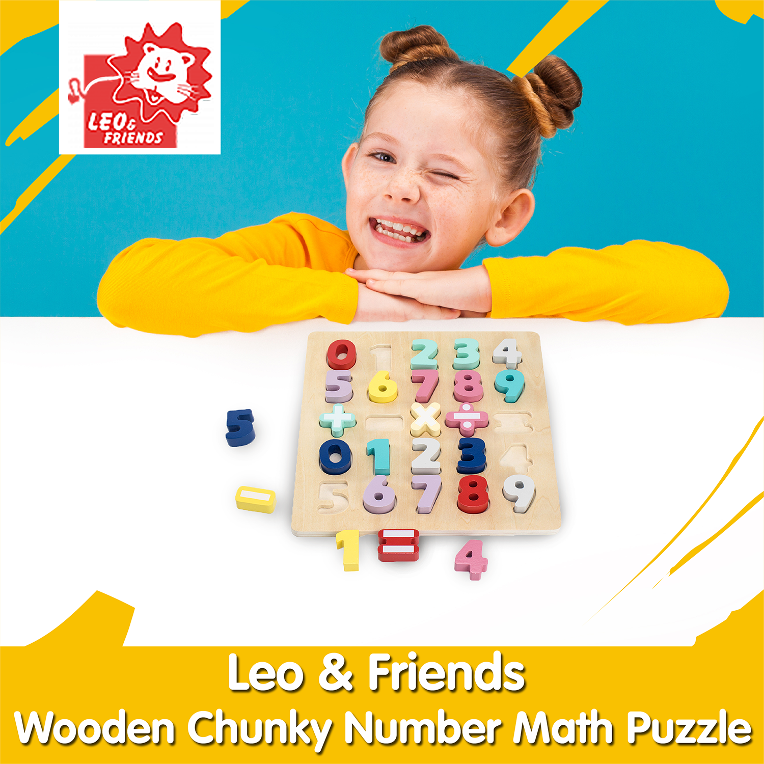 Leo & Friends Wooden Chunky Number Math Puzzle, Numbers 0-9, Addition, Subtraction, Multiplication, Division, Equal Sign Included | Fun Educational Number Game for Children 3+