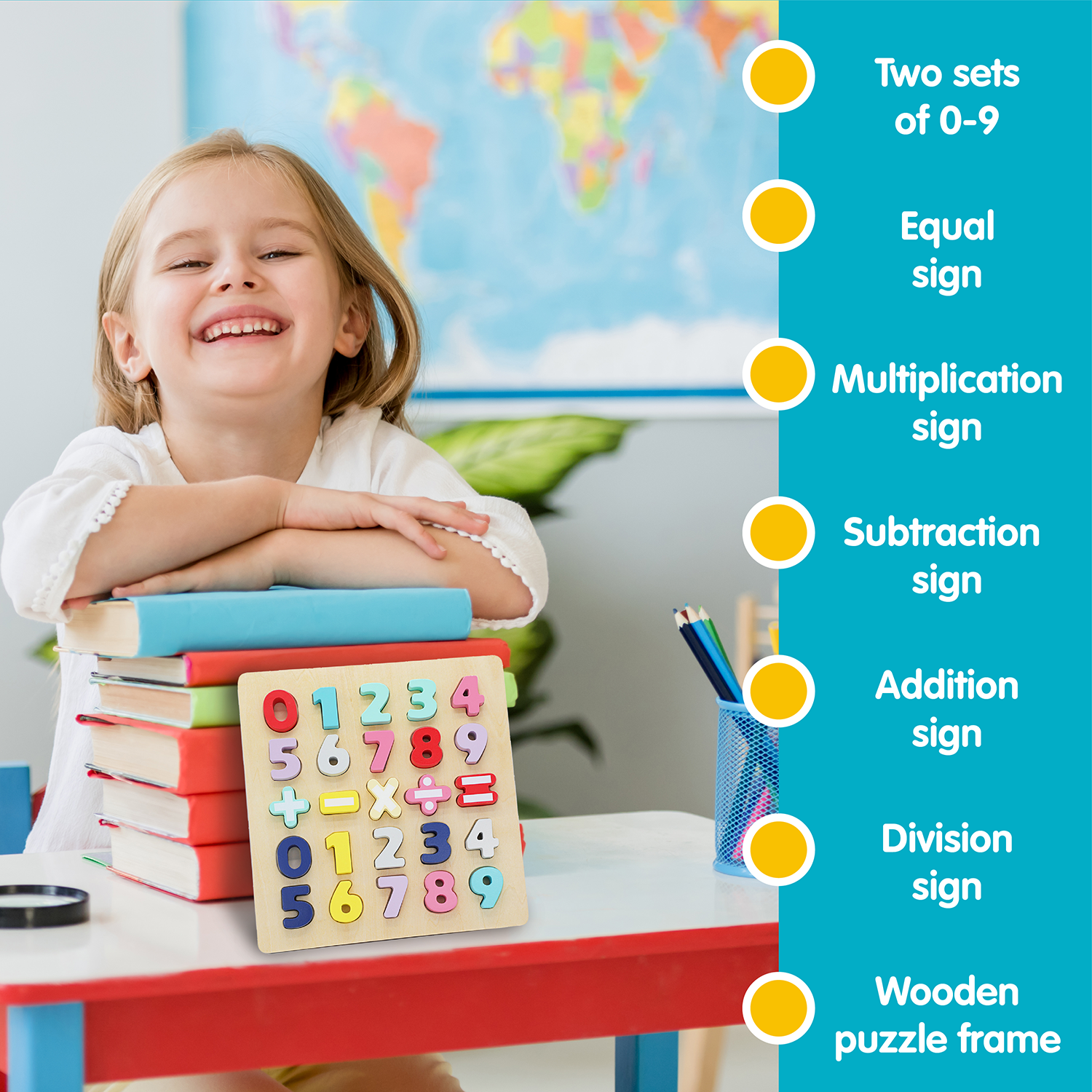 Leo & Friends Wooden Chunky Number Math Puzzle, Numbers 0-9, Addition, Subtraction, Multiplication, Division, Equal Sign Included | Fun Educational Number Game for Children 3+