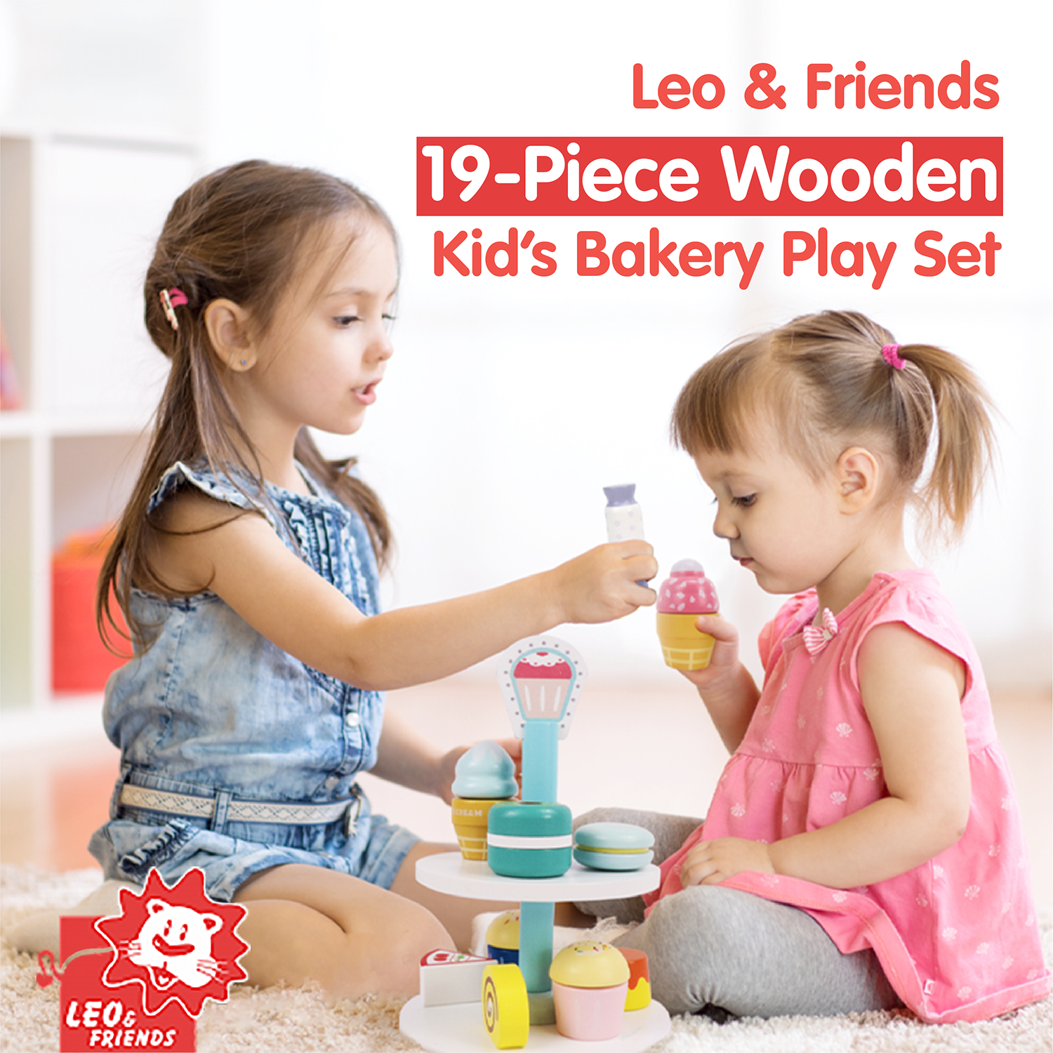 Leo & Friends 19-Piece Wooden Kid’s Bakery Play Set | Play Pretend Dessert Chef Kit for Toddlers | Made with Sustainable, Non-Toxic Wood, Water-Based Paint | Perfect Dessert Kit Gift for Birthdays, Holidays