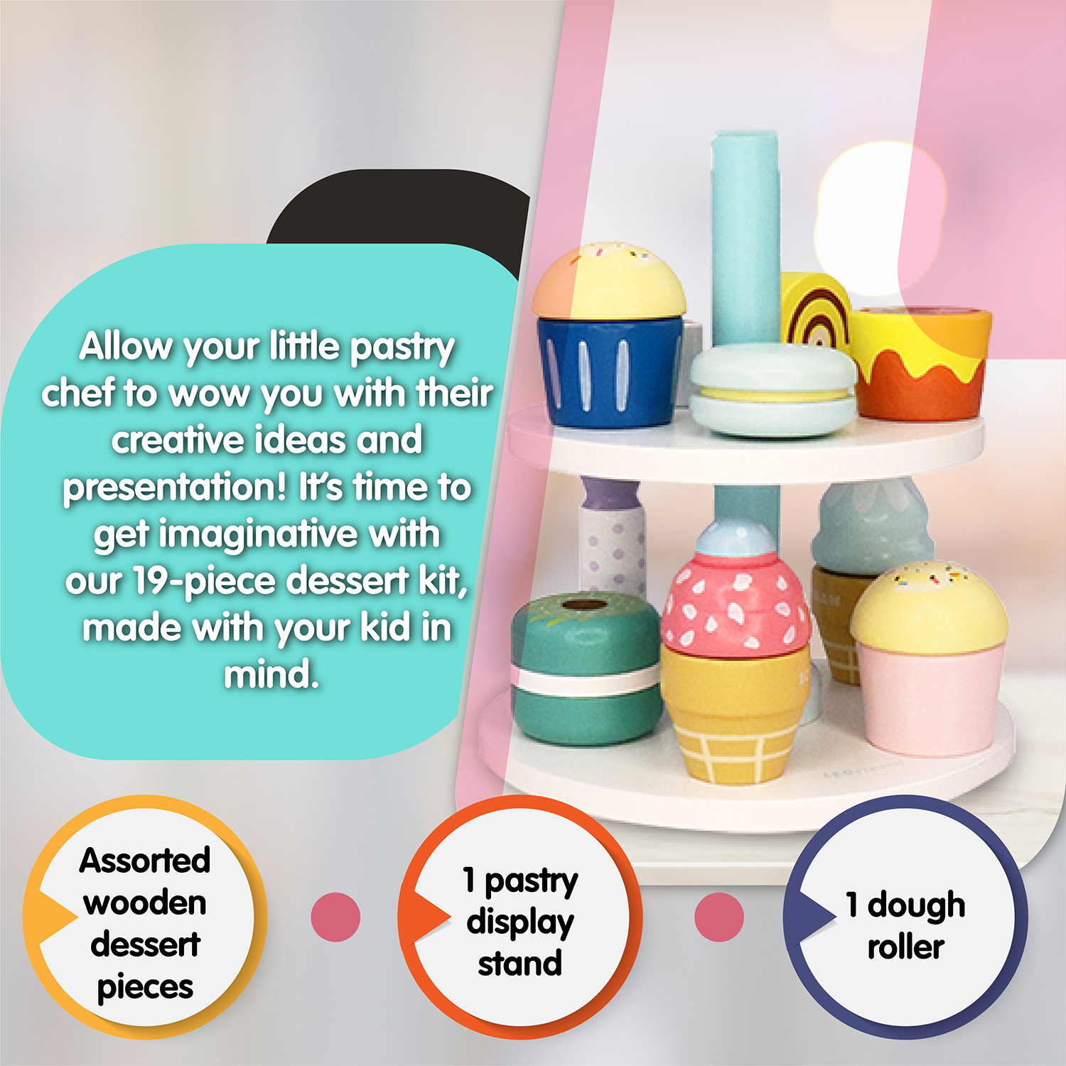 Leo & Friends 19-Piece Wooden Kid’s Bakery Play Set | Play Pretend Dessert Chef Kit for Toddlers | Made with Sustainable, Non-Toxic Wood, Water-Based Paint | Perfect Dessert Kit Gift for Birthdays, Holidays