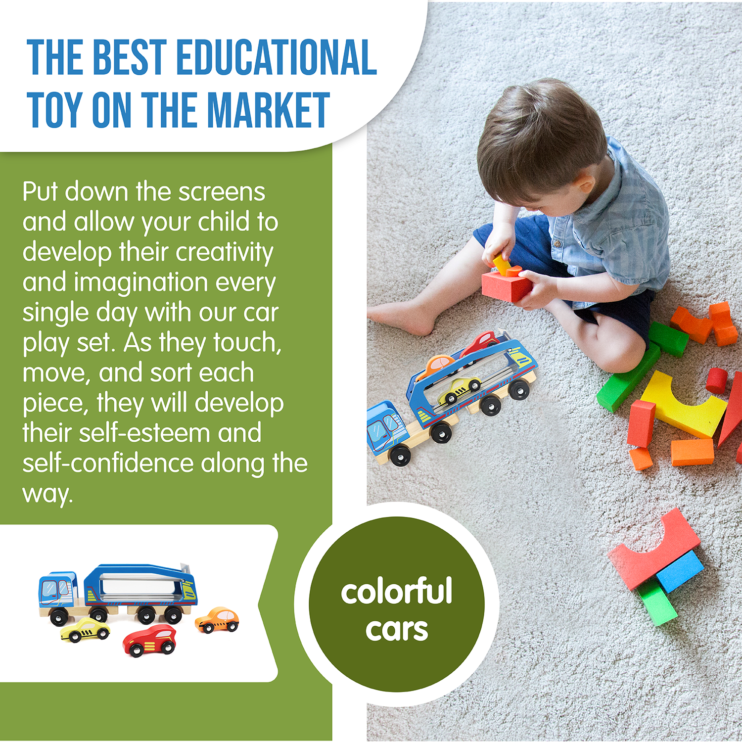 Wooden Car Carrier Set, 5-Piece Car and Carrier Truck Kid’s Set for 3-Years-of-Age or Older | Play Pretend Truck & Cars Carrier, Towing Kit, Perfect Educational Present or Preschool Toy