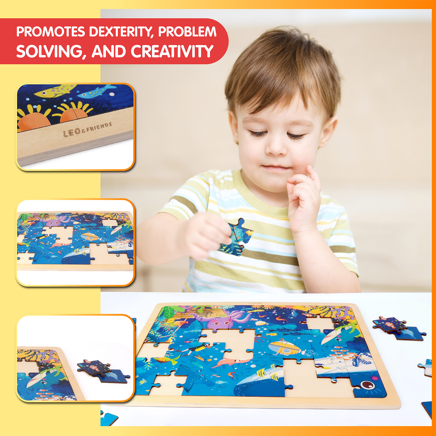 Leo & Friends Underwater Kid’s Puzzle, 48-Pieces for 3-Years-Old+ | Promotes Dexterity, Problem-Solving, and Creativity | Durable Wooden Puzzle Kit, Educational Gift for Kids Ages 3-6