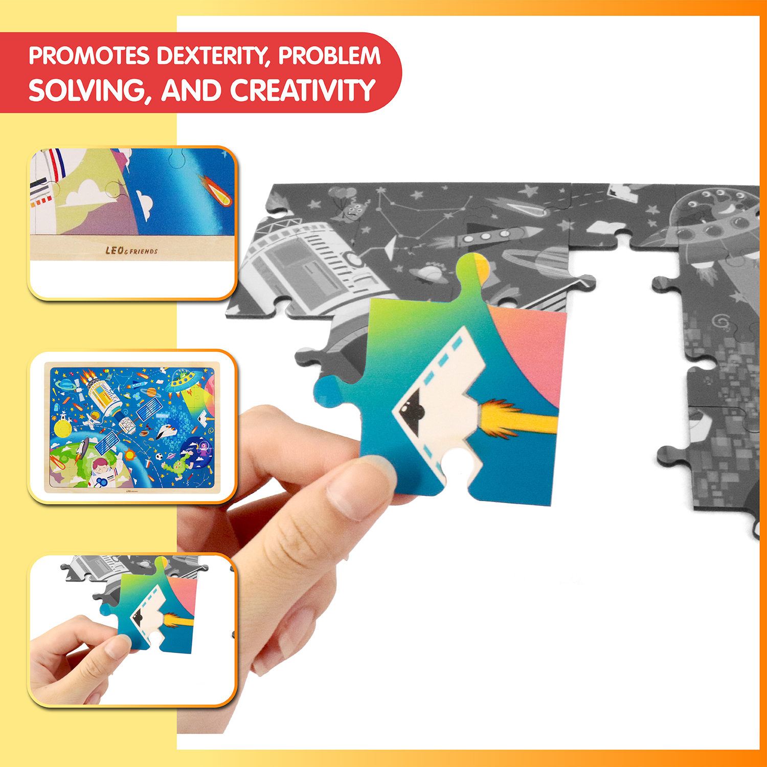 Leo & Friends Space Exploration Kid’s Puzzle, 48-Pieces for 3-Years-Old+ | Promotes Dexterity, Problem-Solving, and Creativity | Durable Wooden Puzzle Kit, Educational Gift for Kids Ages 3-6