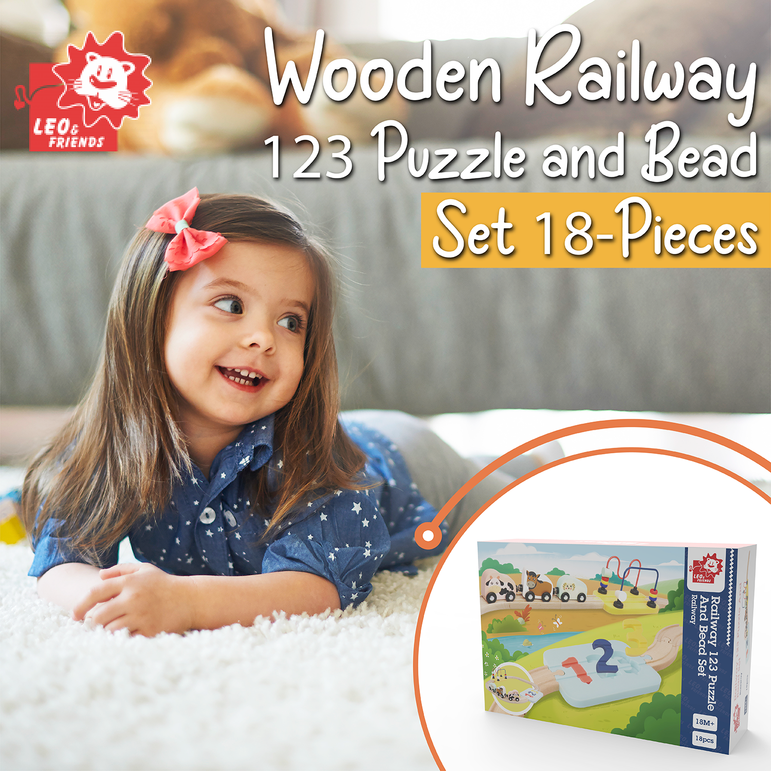 Wooden Railway 123 Puzzle and Bead Set 18-Pieces, for 18M-Old+ | My First Railway Beginner Pack and Wooden Toy Train Set for Boys and Girls | Complete Wooden 123 Puzzle and Rail Toy