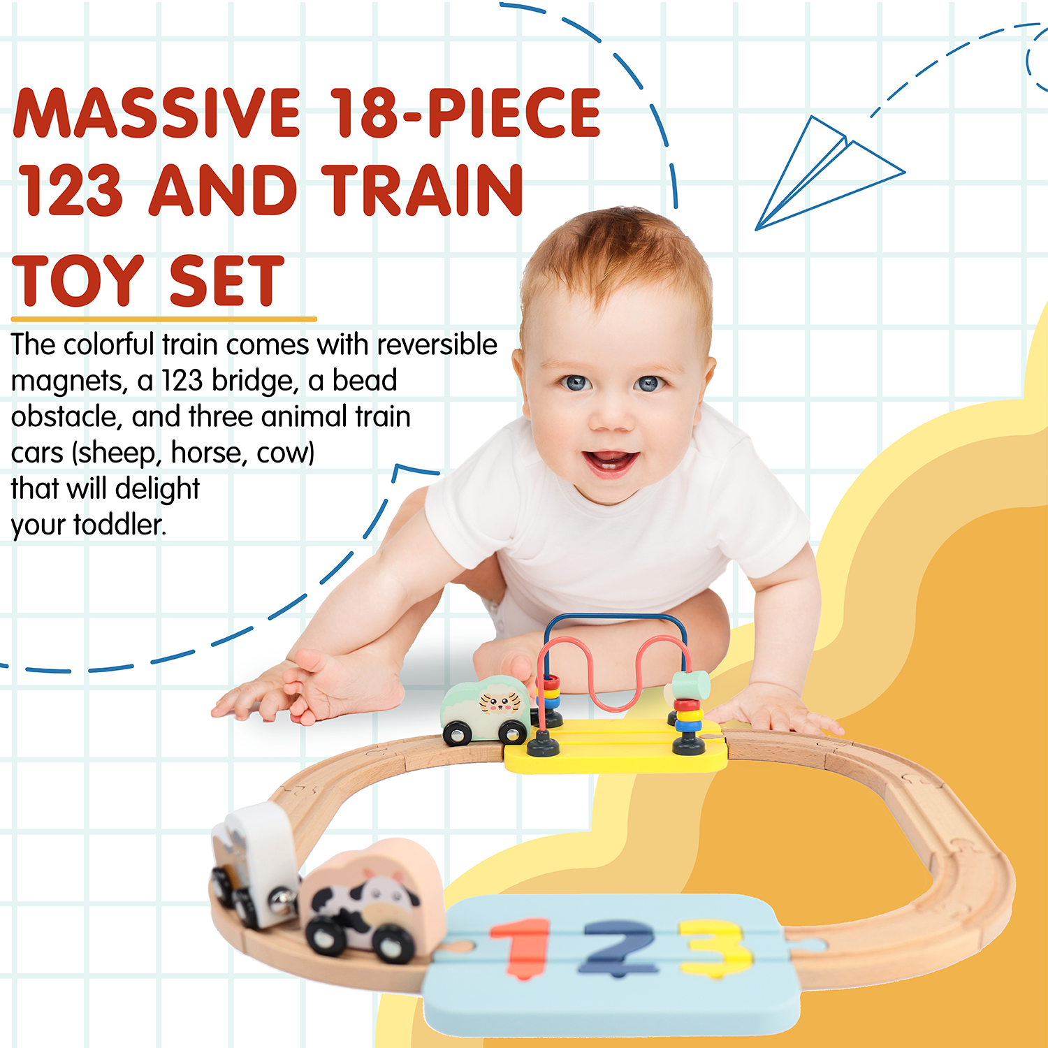 Wooden Railway 123 Puzzle and Bead Set 18-Pieces, for 18M-Old+ | My First Railway Beginner Pack and Wooden Toy Train Set for Boys and Girls | Complete Wooden 123 Puzzle and Rail Toy