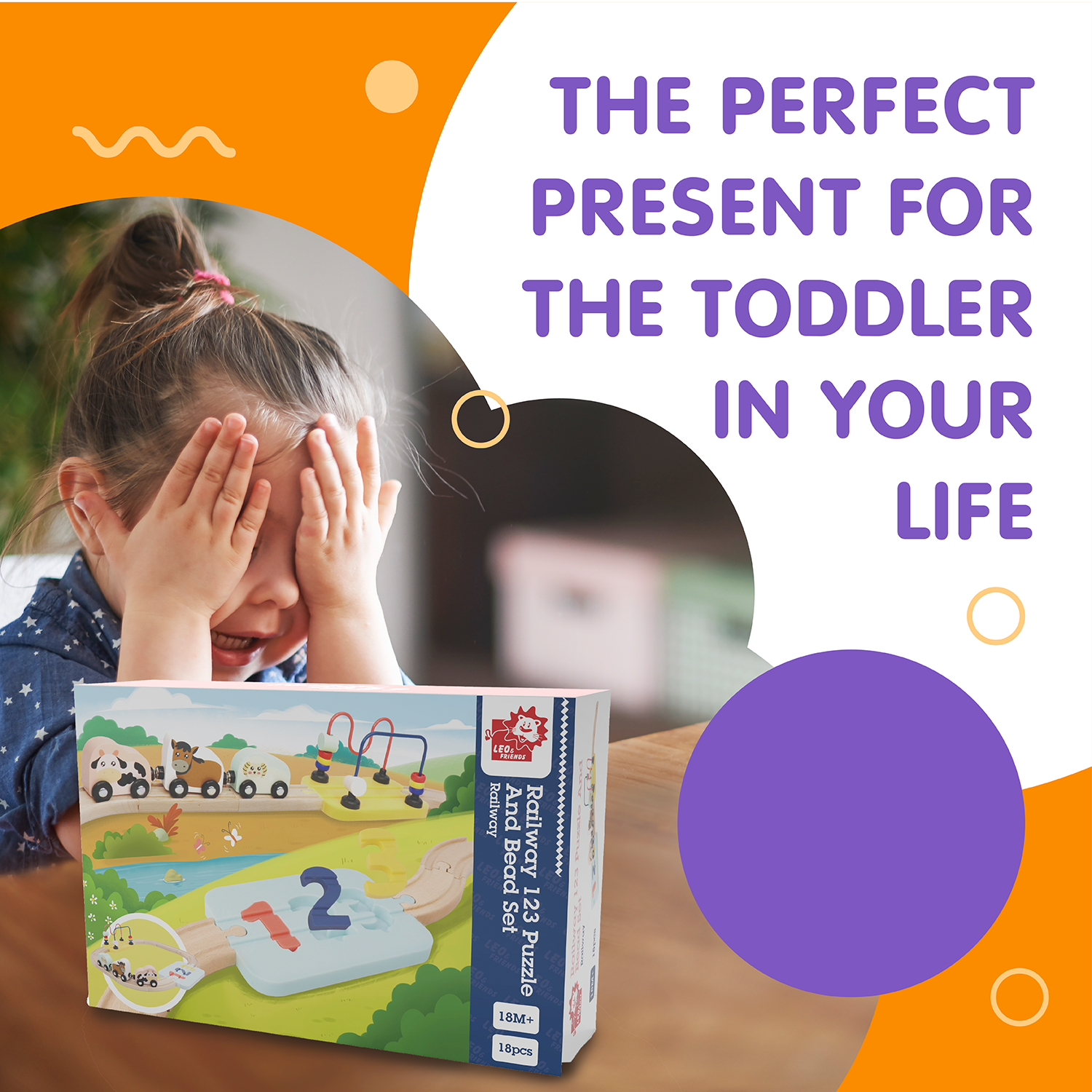 Wooden Railway 123 Puzzle and Bead Set 18-Pieces, for 18M-Old+ | My First Railway Beginner Pack and Wooden Toy Train Set for Boys and Girls | Complete Wooden 123 Puzzle and Rail Toy