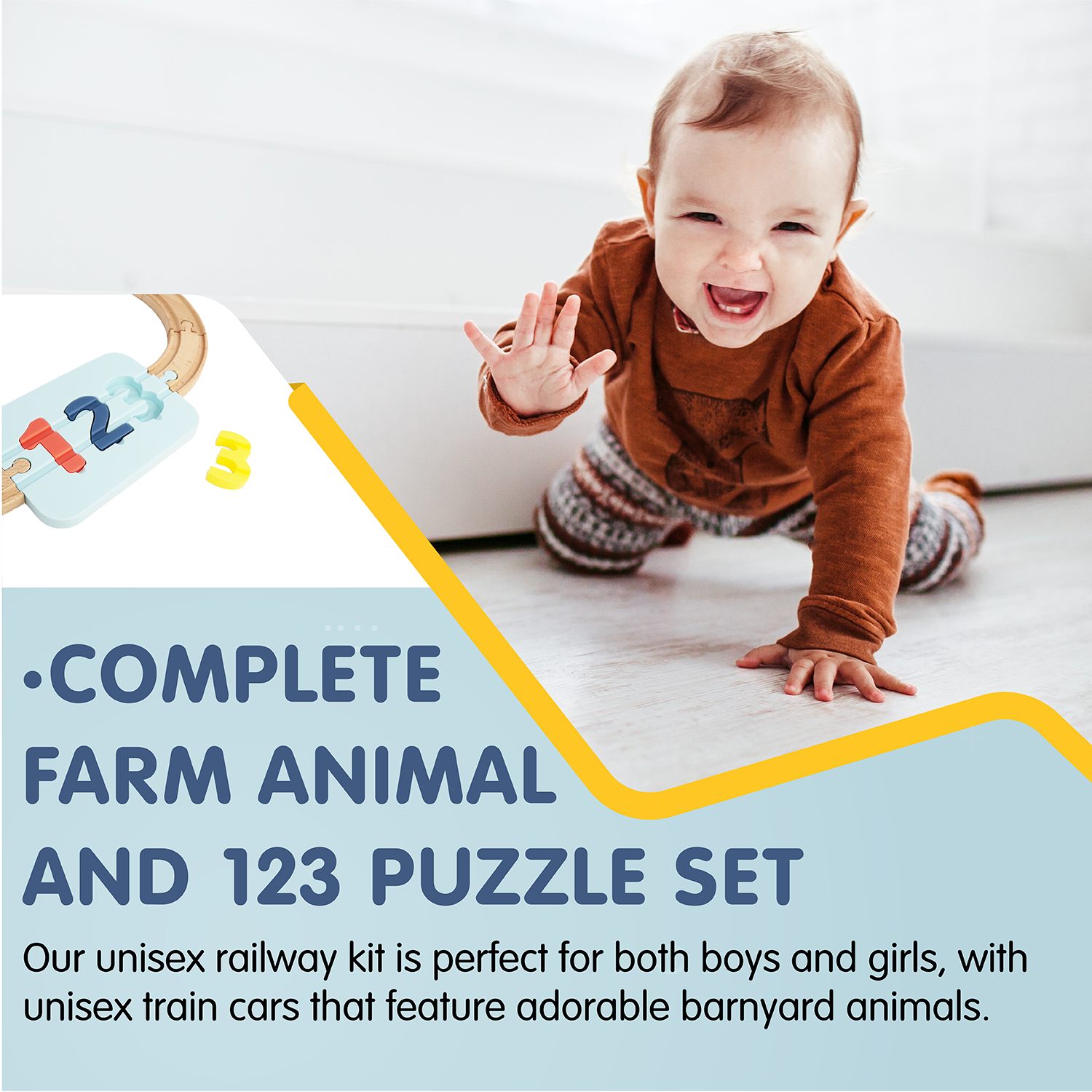 Wooden Railway 123 Puzzle and Bead Set 18-Pieces, for 18M-Old+ | My First Railway Beginner Pack and Wooden Toy Train Set for Boys and Girls | Complete Wooden 123 Puzzle and Rail Toy