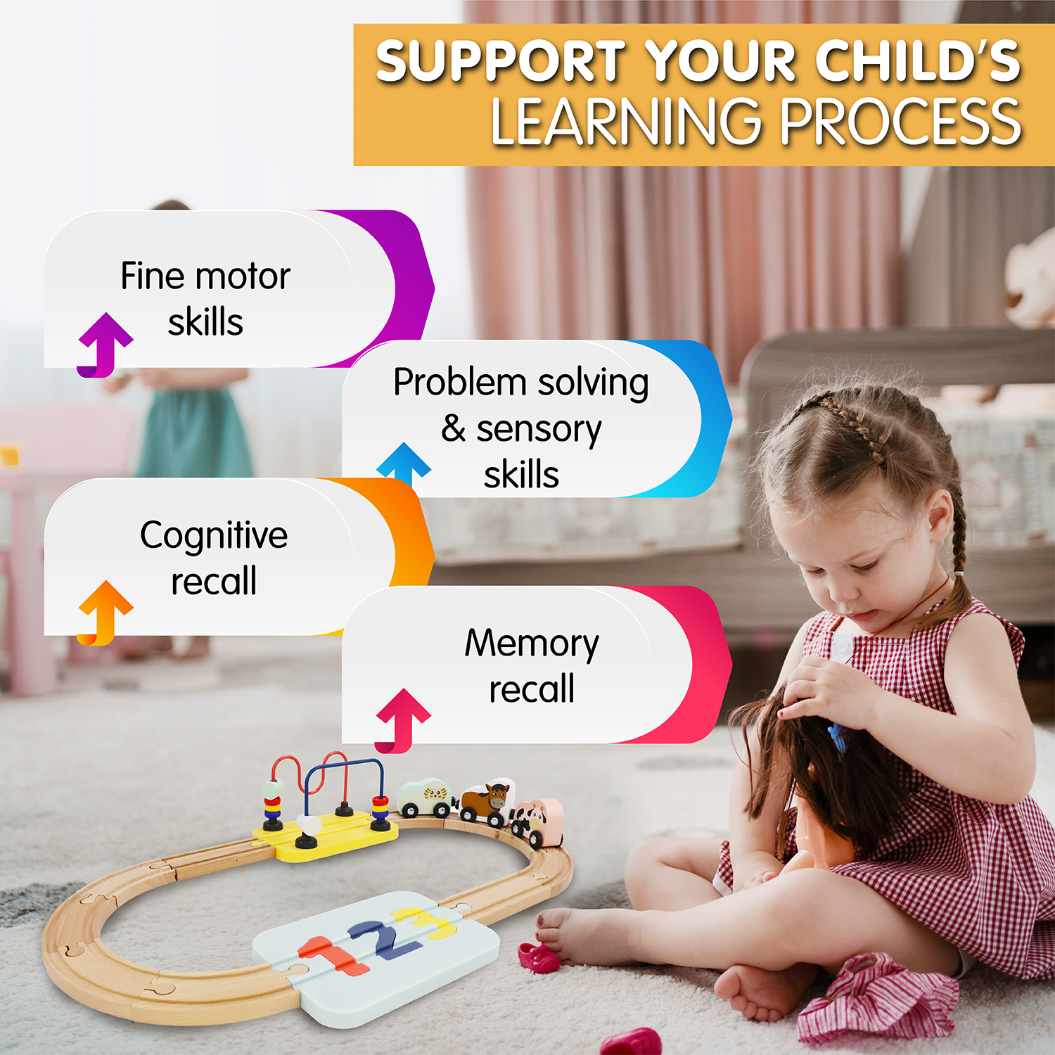 Wooden Railway 123 Puzzle and Bead Set 18-Pieces, for 18M-Old+ | My First Railway Beginner Pack and Wooden Toy Train Set for Boys and Girls | Complete Wooden 123 Puzzle and Rail Toy