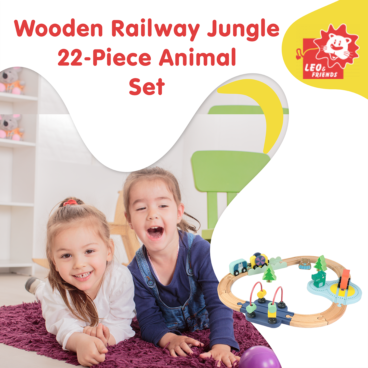 Wooden Railway Jungle 22-Piece Animal Set, Magnetic Train Cars and Puzzle Railway Pieces Included | Toy Train Set for Kids Ages 18-Months+ | Rail & Road Loading Set with Jungle Theme