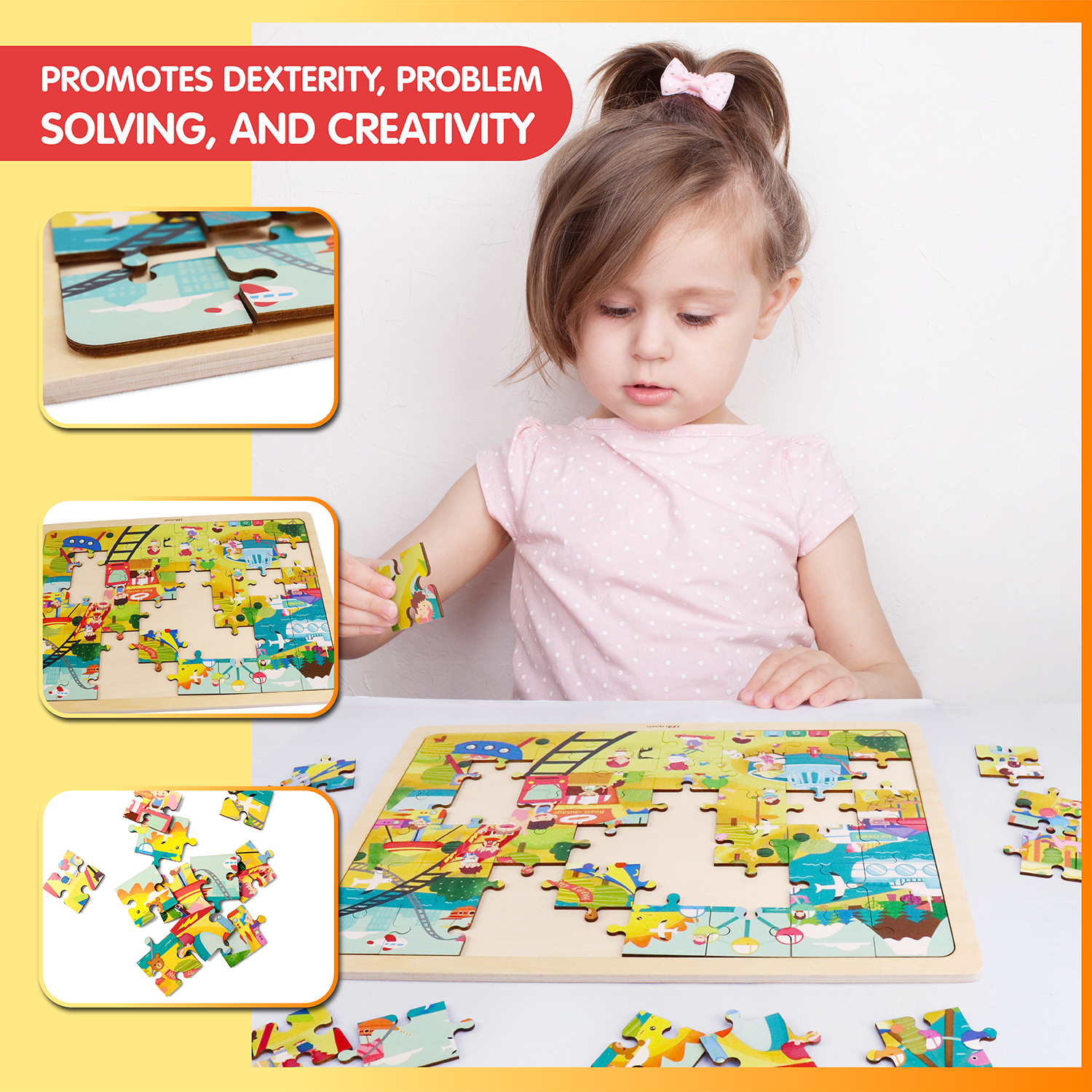 Leo & Friends Amusement Park Kid’s Puzzle, 48-Pieces for 3-Years-Old+ | Promotes Dexterity, Problem-Solving, and Creativity | Durable Wooden Puzzle Kit, Educational Gift for Kids Ages 3-6