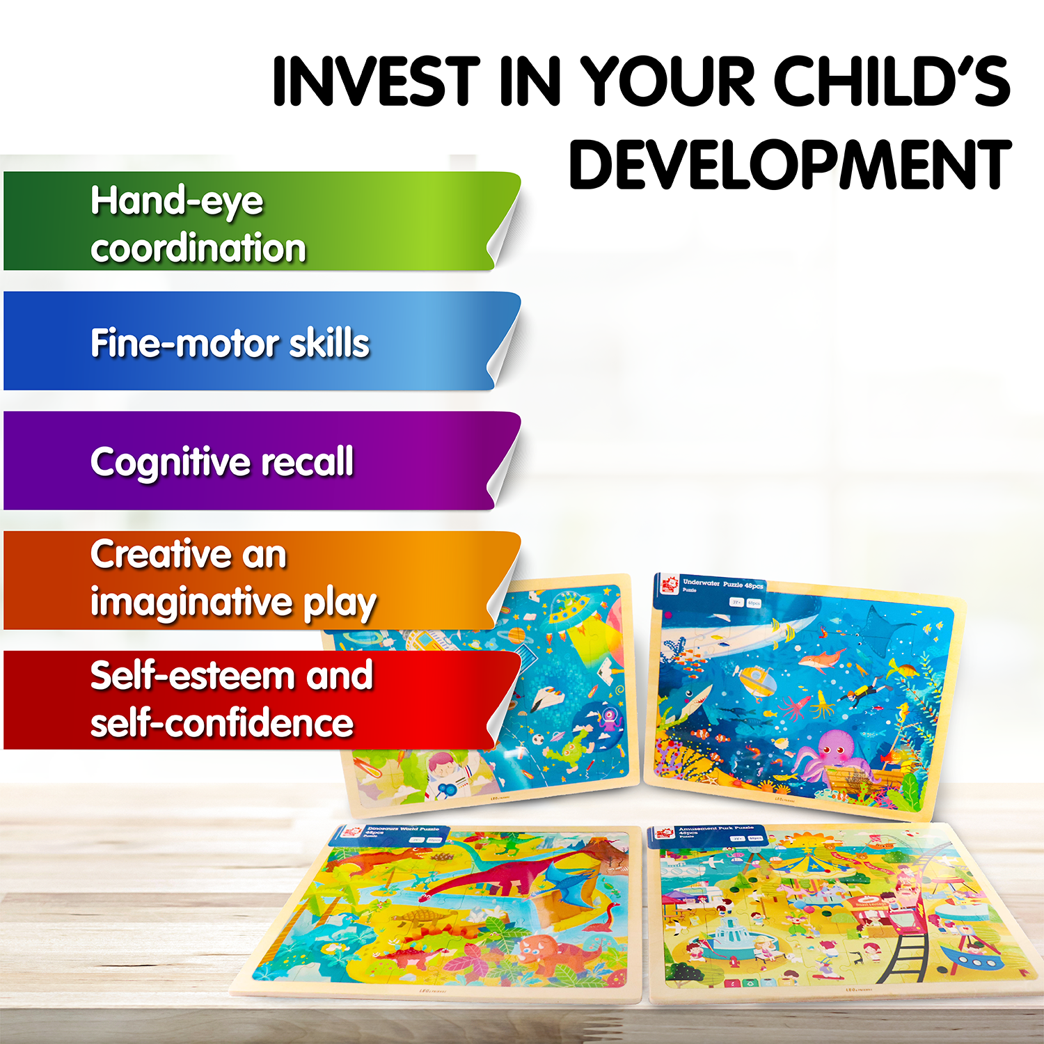 Leo & Friends Dinosaur World Kid’s Puzzle, 48-Pieces for 3-Years-Old+ | Promotes Dexterity, Problem-Solving, and Creativity | Durable Wooden Puzzle Kit, Educational Gift for Kids Ages 3-6