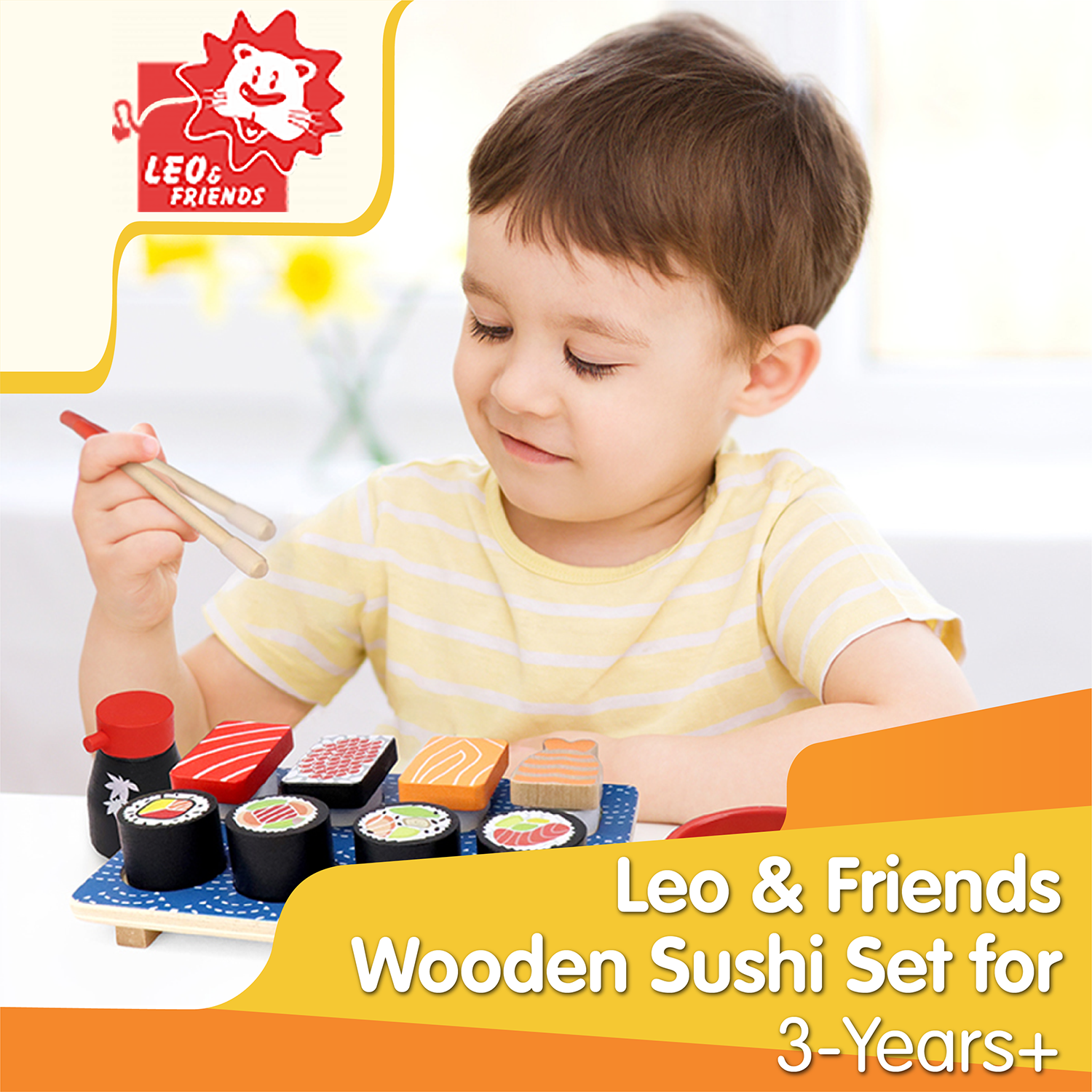 Leo & Friends Wooden Sushi Set - 3 Years+ | 14-Piece Realistic Sushi Playing Kit | Perfect Present for Birthdays, Holidays & More