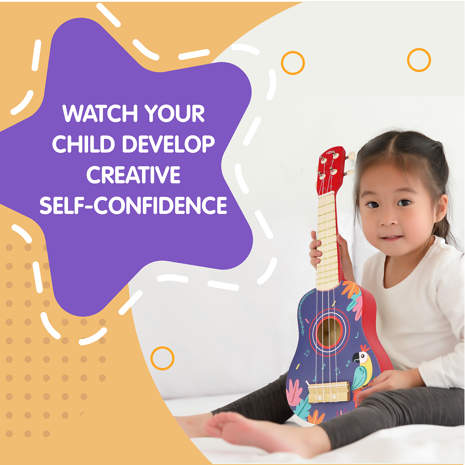 Leo & Friends Wooden Ukulele for Toddlers | Made with Non-Toxic Wood, Colorful Red & Purple Design with Parrots | Perfect Educational Music Toy for Girls and Boys, Includes Strings for Strumming