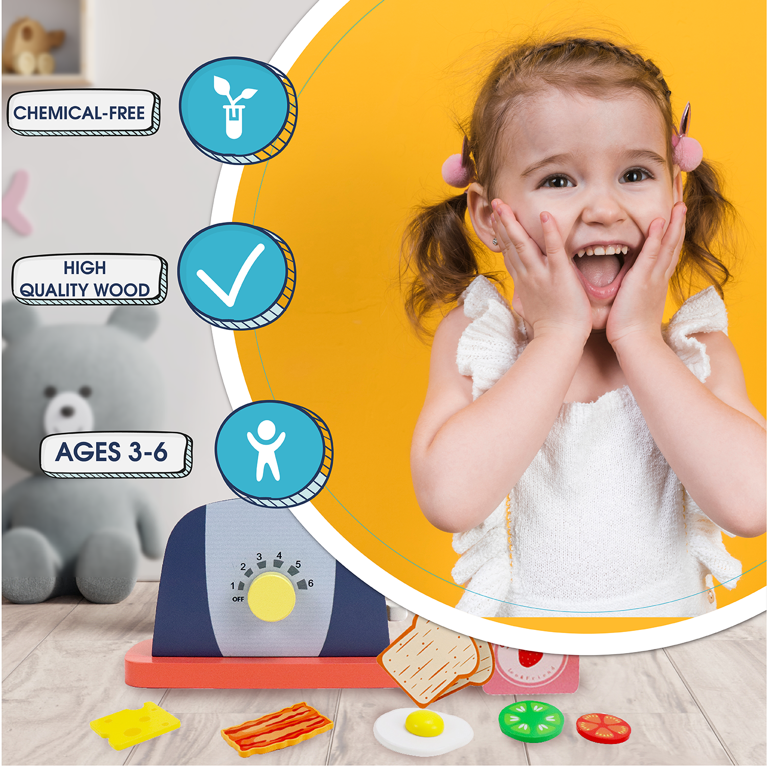 Leo & Friends Wooden Pop Up Toaster Set | 7 Piece Accessory Play Kitchen Wooden Toaster Toy for Children Ages 3-6 | Interactive Early Learning Made with High Quality Wood, Chemical-Free