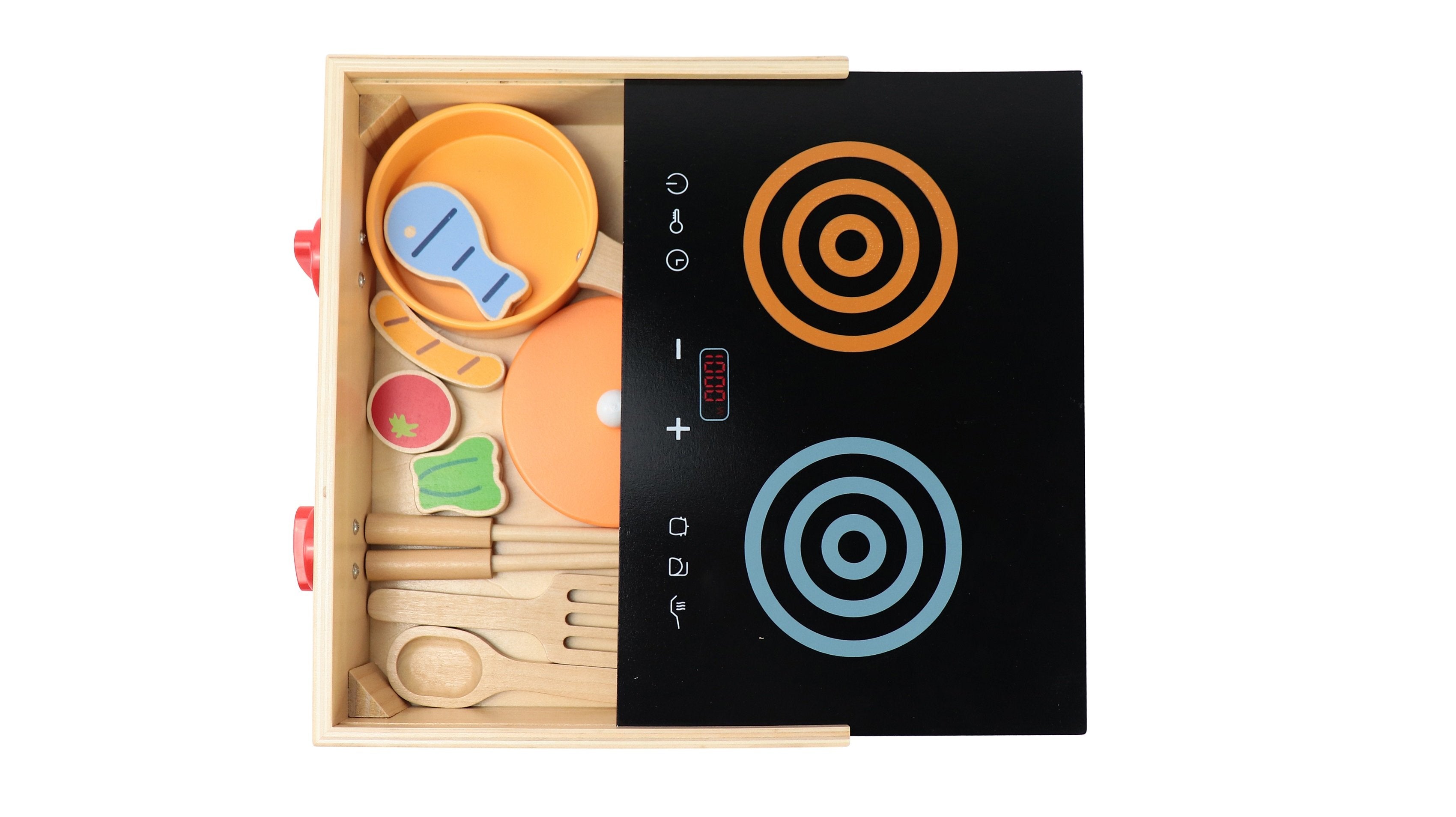 2-in-1 Mini Kitchen Wooden Play Set with 15-Pieces Included | Play-Pretend Cooking Stovetop, Pants, Spatulas, BBQ Accessories | Interactive, Educational Cooking Set for Ages 24-Months and Older