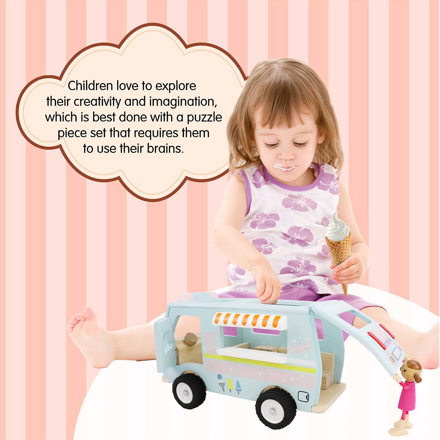 L&F Wooden Ice Cream Van, 3-Piece Set, for Toddlers 3-Years+ | Wooden Doll House Dolly Ice Cream Van Play Set | Educational Ice Cream Truck Playset, Perfect Birthday or Christmas Present