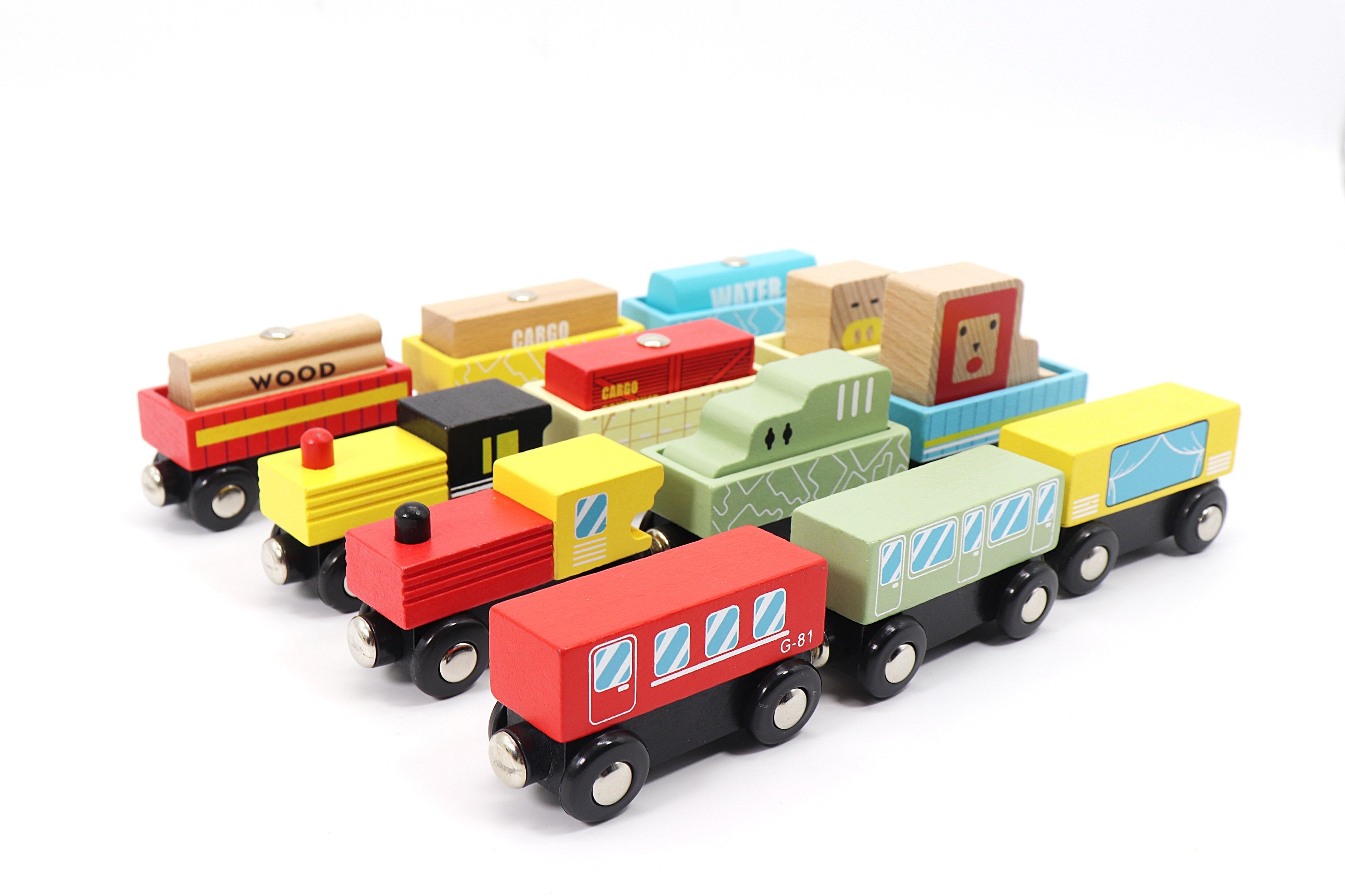 12-Piece Wooden Train Set for Kids, Ages 2, 3, 4, 5, and 6, Perfect for Preschoolers or Kid’s Birthday/Christmas Present | Includes Train Cars, Wagons, Freight Trucks, Magnet Connectors, Made with Non-Toxic Wood