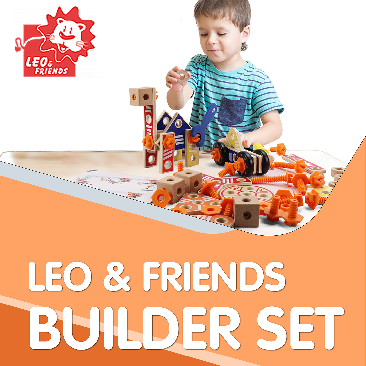 Leo & Friends Builder Set, 72-Piece Toddler Play Kit for Boys and Girls | Wooden Builder Construction Set, Perfect Birthday or Holiday Present | Safe, Non Toxic Sustainable Wood and Water-Based Paint Used