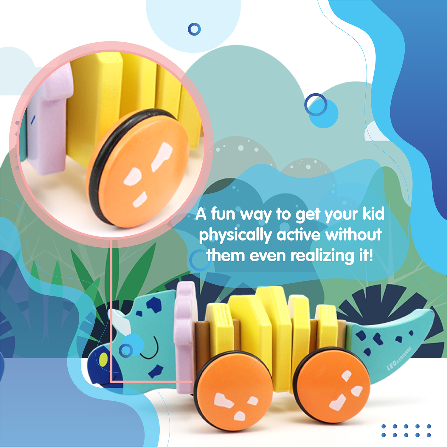 Leo & Friends Pull Along Walking Triceratops Wooden Toy for Boys and Girls | Flexible Dino Walk Along Toy, Pushes and Pulls | Rubbed Rimmed Wheels for Educational Fun, Perfect Birthday or Holiday Gift