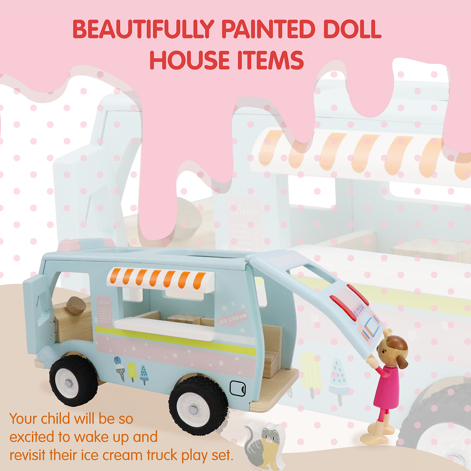 L&F Wooden Ice Cream Van, 3-Piece Set, for Toddlers 3-Years+ | Wooden Doll House Dolly Ice Cream Van Play Set | Educational Ice Cream Truck Playset, Perfect Birthday or Christmas Present