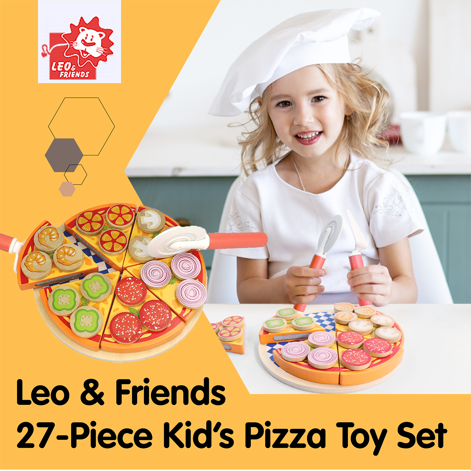 Leo & Friends 27-Piece Kid’s Pizza Toy Set | Play Pretend Pizza Toy Slices, Toppings, Pizza Cutter for Toddlers | Perfect Kid’s Cooking Toy Kit for Birthdays, Holidays