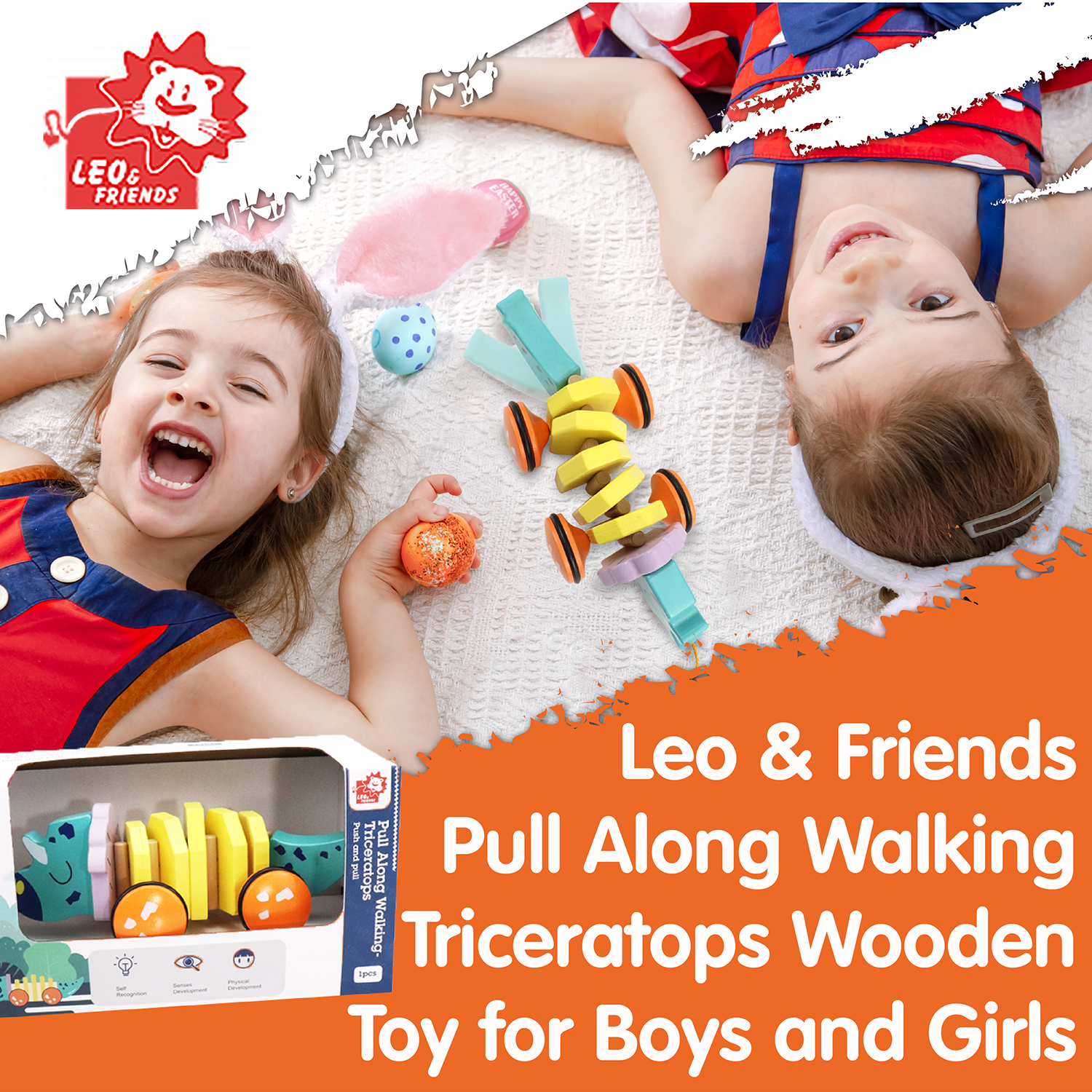 Leo & Friends Pull Along Walking Triceratops Wooden Toy for Boys and Girls | Flexible Dino Walk Along Toy, Pushes and Pulls | Rubbed Rimmed Wheels for Educational Fun, Perfect Birthday or Holiday Gift