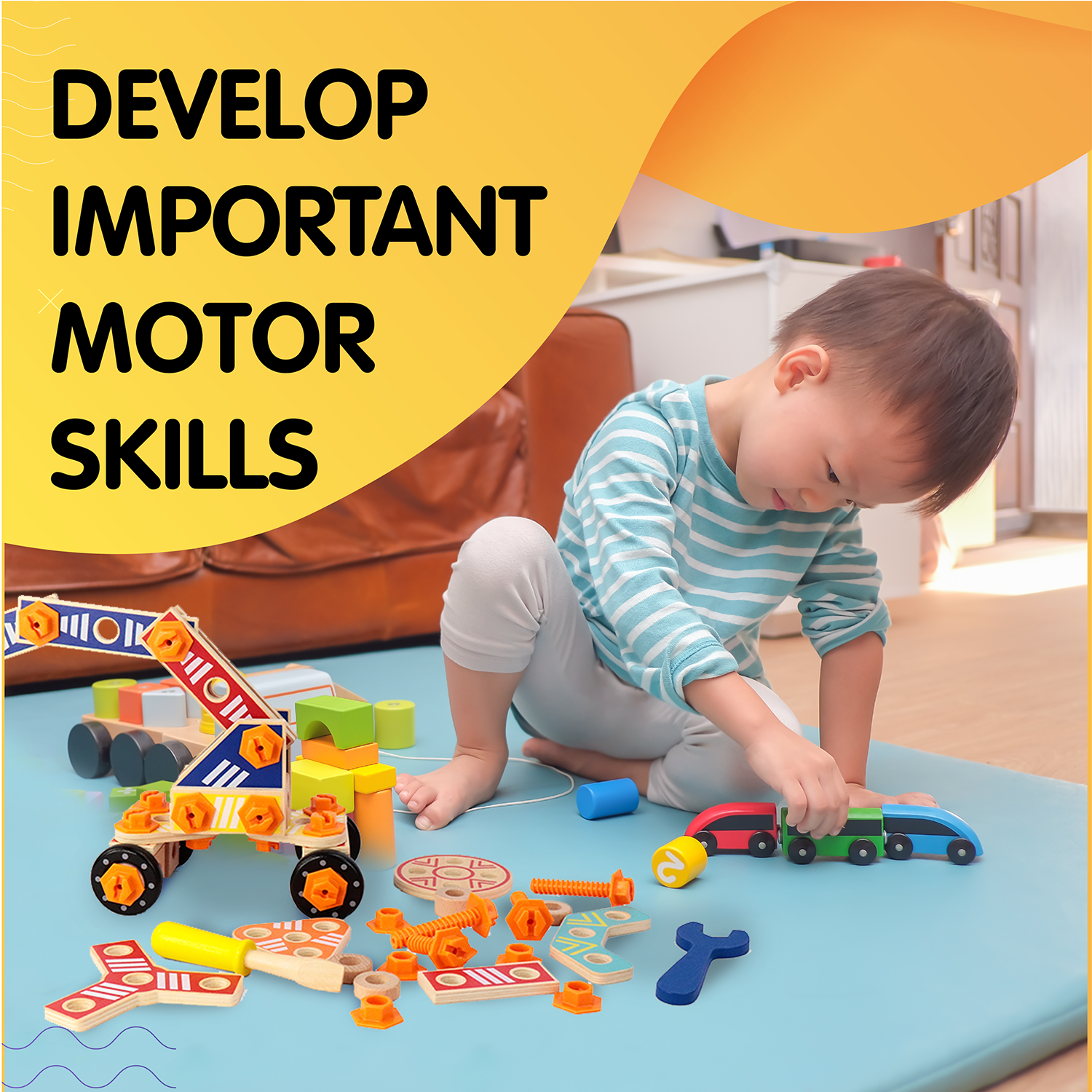 Leo & Friends Builder Set, 72-Piece Toddler Play Kit for Boys and Girls | Wooden Builder Construction Set, Perfect Birthday or Holiday Present | Safe, Non Toxic Sustainable Wood and Water-Based Paint Used