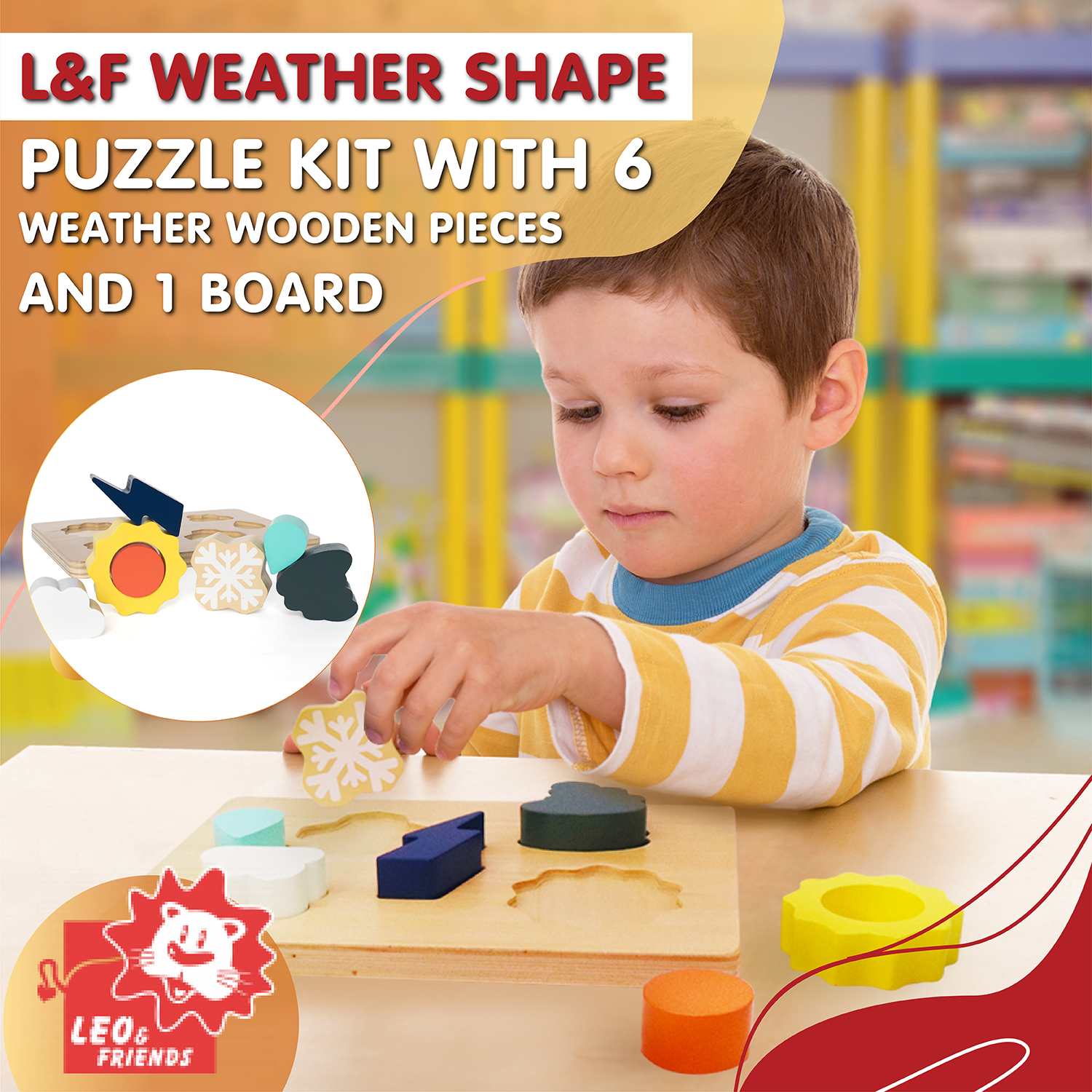 L&F Weather Shape Puzzle Kit with 6 Weather Wooden Pieces and 1 Board | Developmental Toy Set for 2, 3, 4, 5, and 6-Year-Olds, Toddlers, Preschoolers, and Kids | Made with Non-Toxic Wood