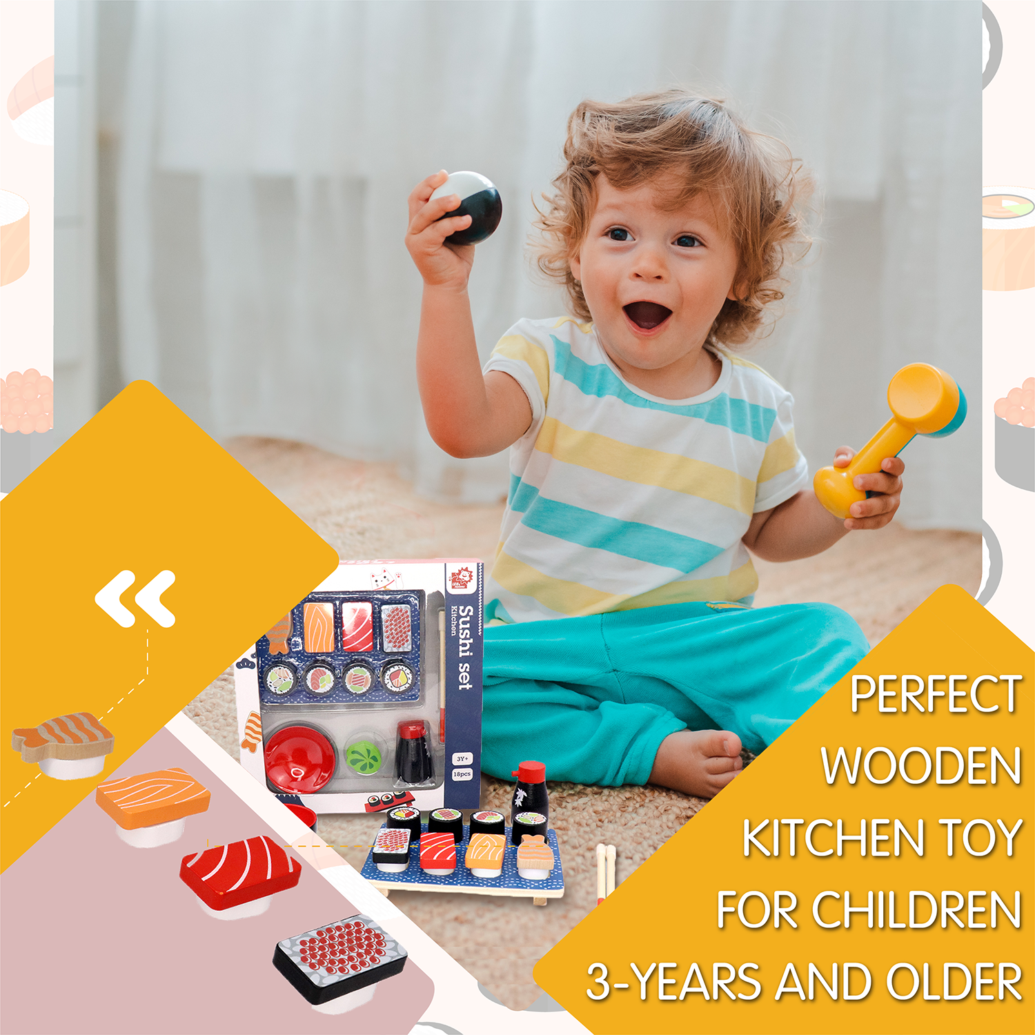 Leo & Friends Wooden Sushi Set - 3 Years+ | 14-Piece Realistic Sushi Playing Kit | Perfect Present for Birthdays, Holidays & More