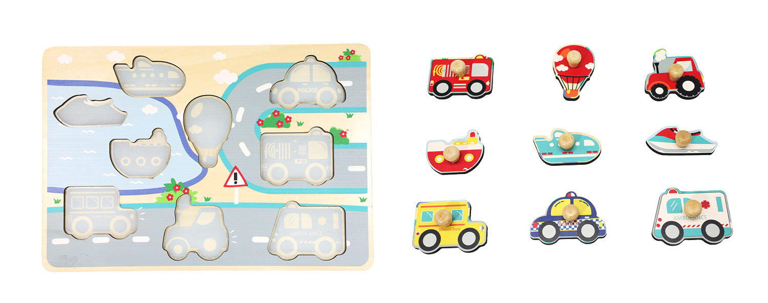 Leo & Friends Vehicle Peg Puzzle for 24-Months+ | Unisex Toddler Puzzle, Comes with 10-Pieces, Features Planes, Boats, Cars, Buses & More | Perfect Educational Gift, Made with 100% Premium Non-Toxic Wood