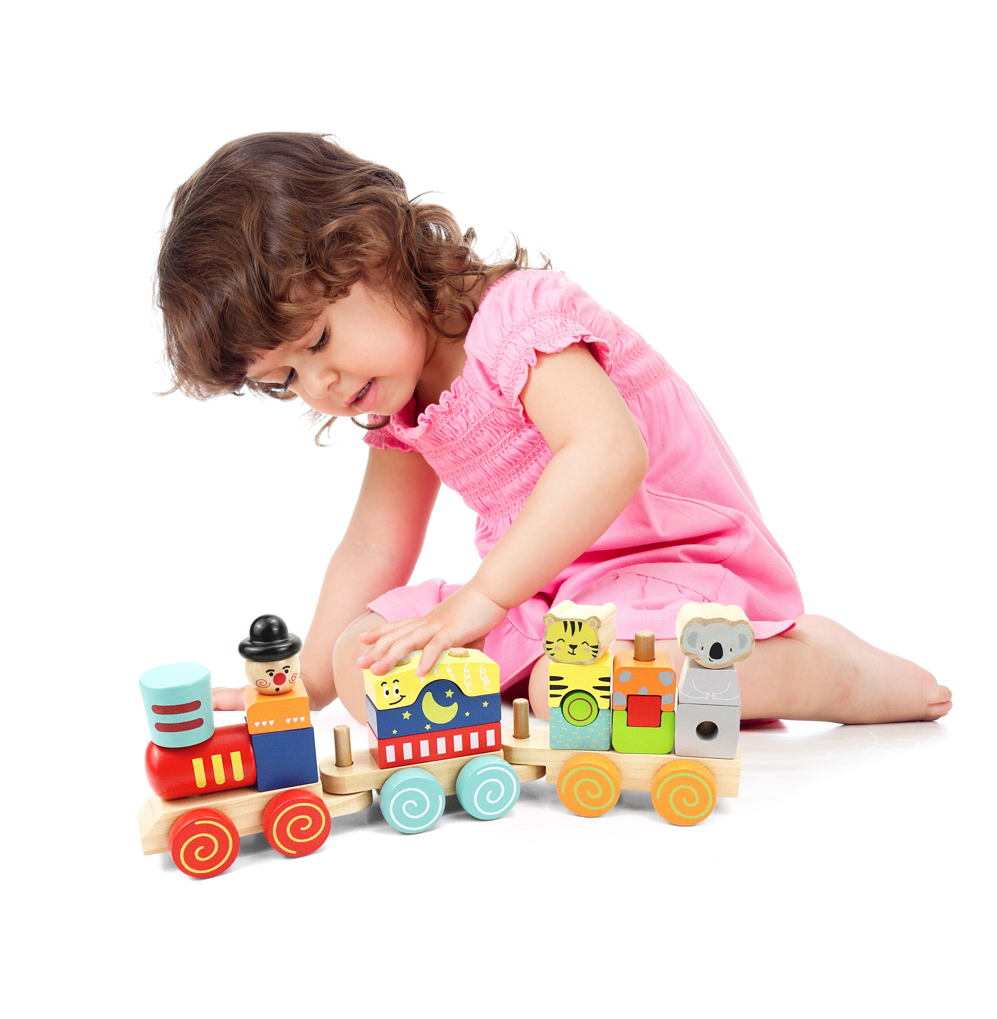 Block Train Stacking Set, 17 Piece-Wooden Stacking Toy with Pull Along Wooden Train | Develops Motor Skills, Memory Recall, Counting, Organization for Kids 18-Months+ | Preschool Toy, Perfect Gift
