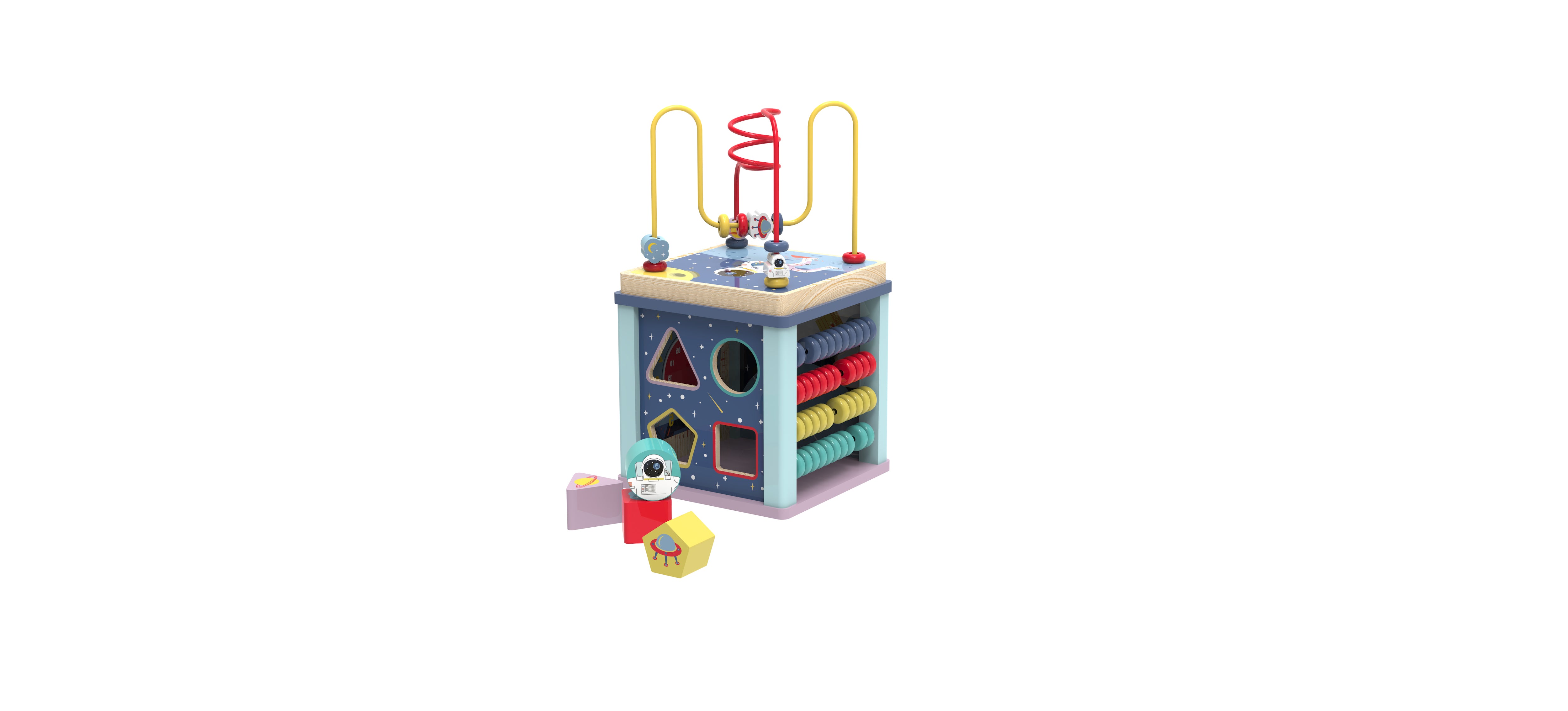 Leo & Friends Toddler Wooden Space Activity Cube, 6-Piece Educational Play Set, and Puzzle | Baby Toy with Bead Maze for Boys and Girls | Endless Activity Options, Perfect Birthday Present